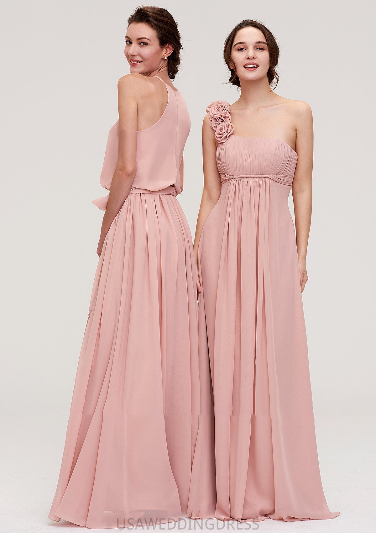 Sleeveless One-Shoulder Long/Floor-Length Chiffon A-line/Princess Bridesmaid Dresses With Pleated Flowers Mariah DSP0025346