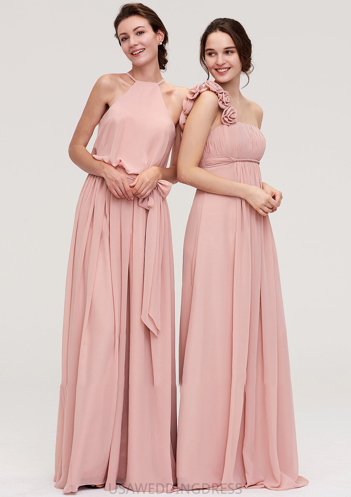 Sleeveless One-Shoulder Long/Floor-Length Chiffon A-line/Princess Bridesmaid Dresses With Pleated Flowers Mariah DSP0025346