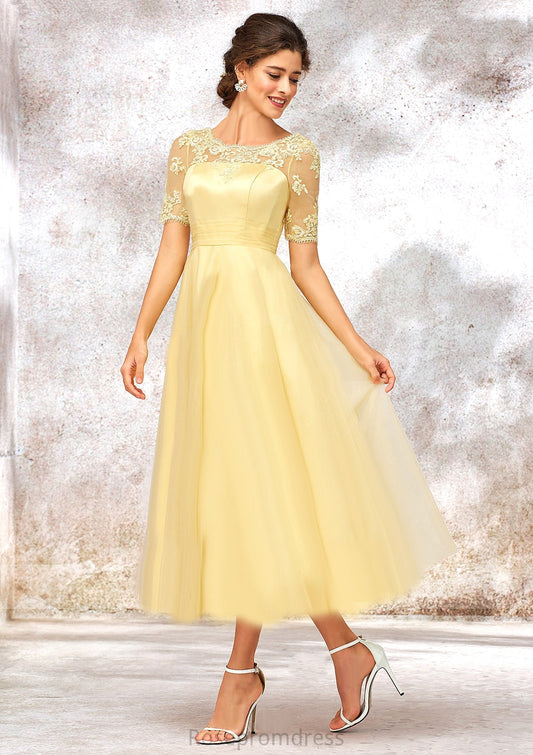 Short Sleeve A-line/Princess Tulle Bateau Bridesmaid Dresses With Lace Appliqued Sally SRSP0025351