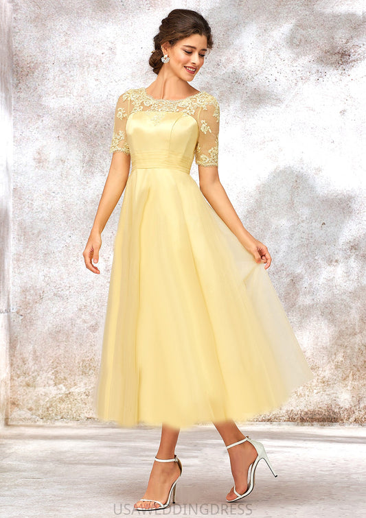 Short Sleeve A-line/Princess Tulle Bateau Bridesmaid Dresses With Lace Appliqued Jill DSP0025351