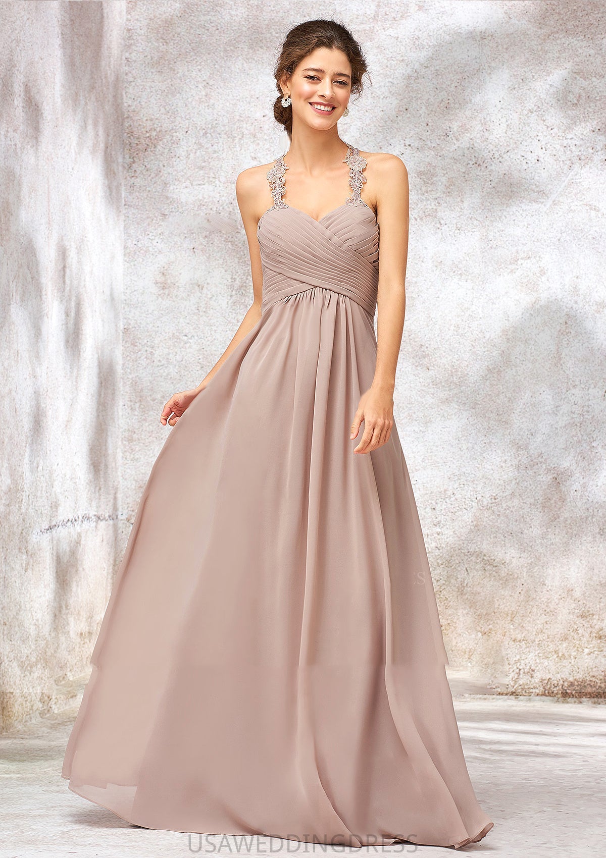 A-line Sweetheart Sleeveless Chiffon Long/Floor-Length Bridesmaid Dresses With Lace Pleated Ruth DSP0025365