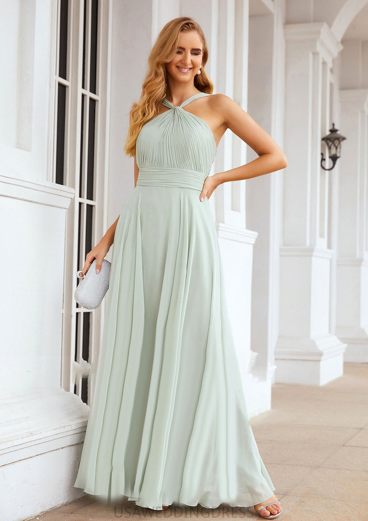 A-line Scalloped Neck Sleeveless Long/Floor-Length Chiffon Bridesmaid Dresses With Pleated Paloma DSP0025366