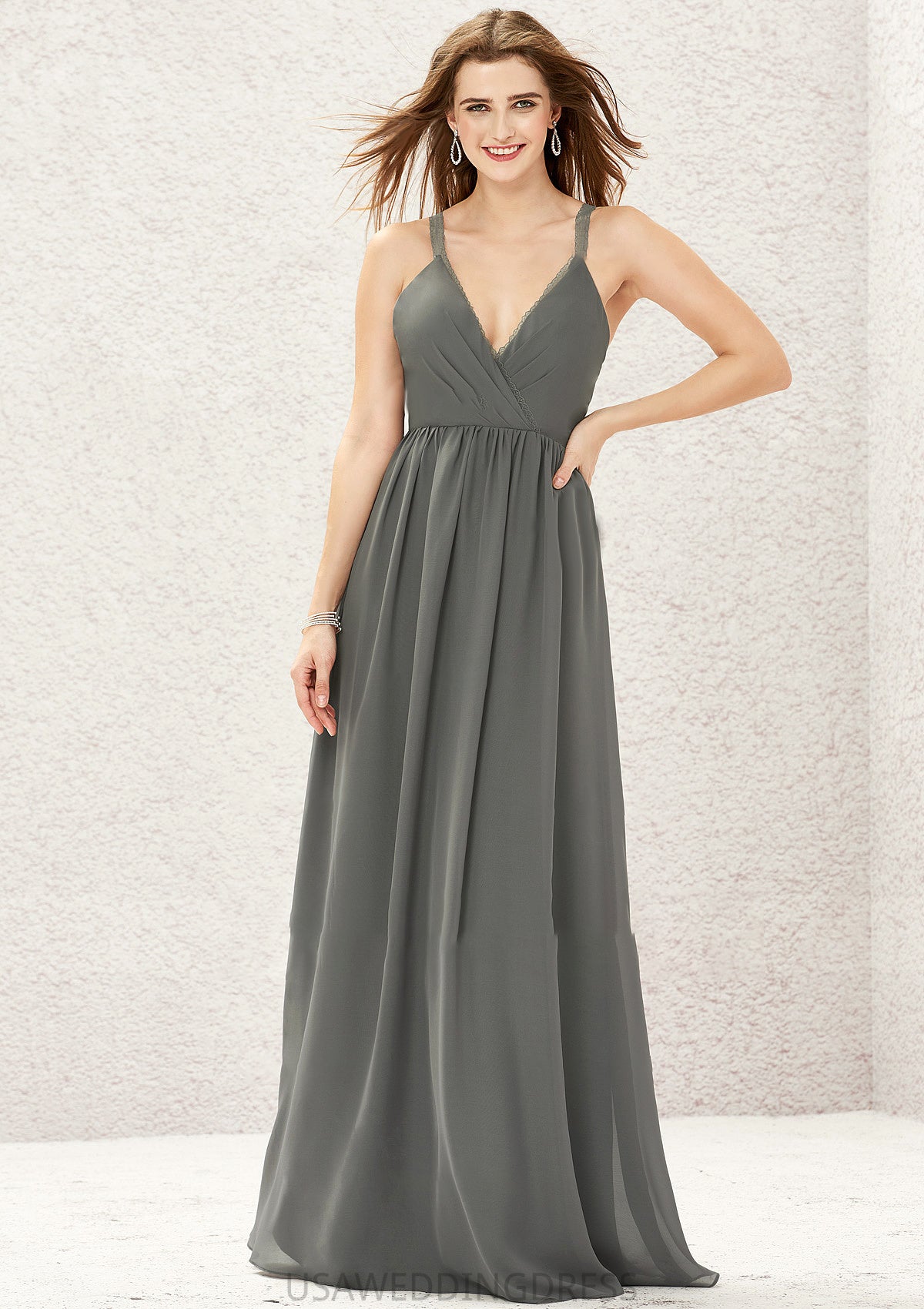 A-line V Neck Sleeveless Chiffon Long/Floor-Length Bridesmaid Dresses With Pleated Lace Brisa DSP0025367