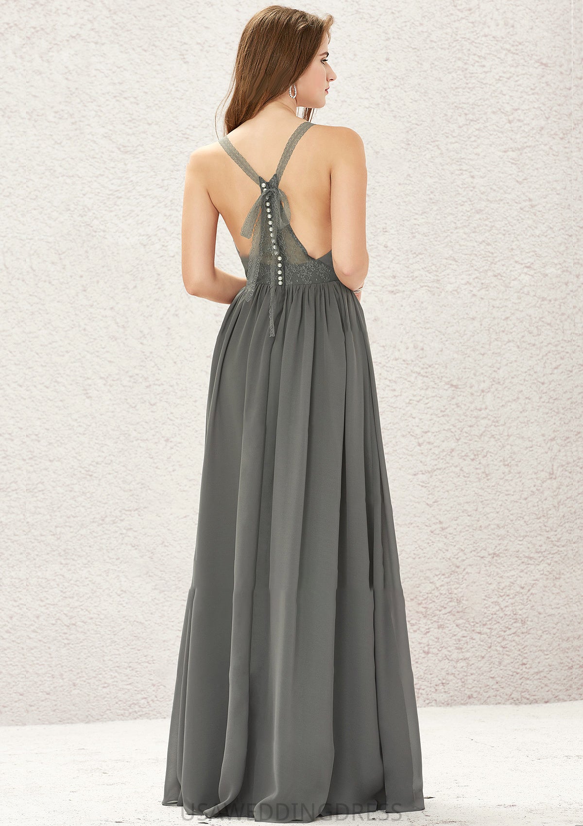 A-line V Neck Sleeveless Chiffon Long/Floor-Length Bridesmaid Dresses With Pleated Lace Brisa DSP0025367