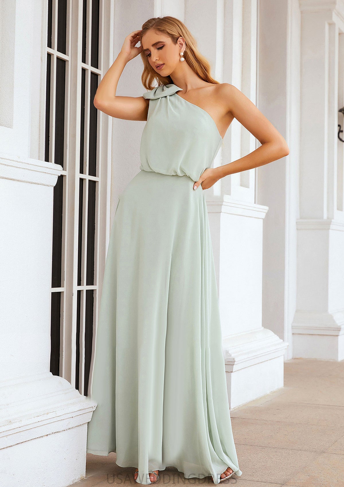 A-line One-Shoulder Sleeveless Long/Floor-Length Chiffon Bridesmaid Dresses With Shoulder Flower Carissa DSP0025369