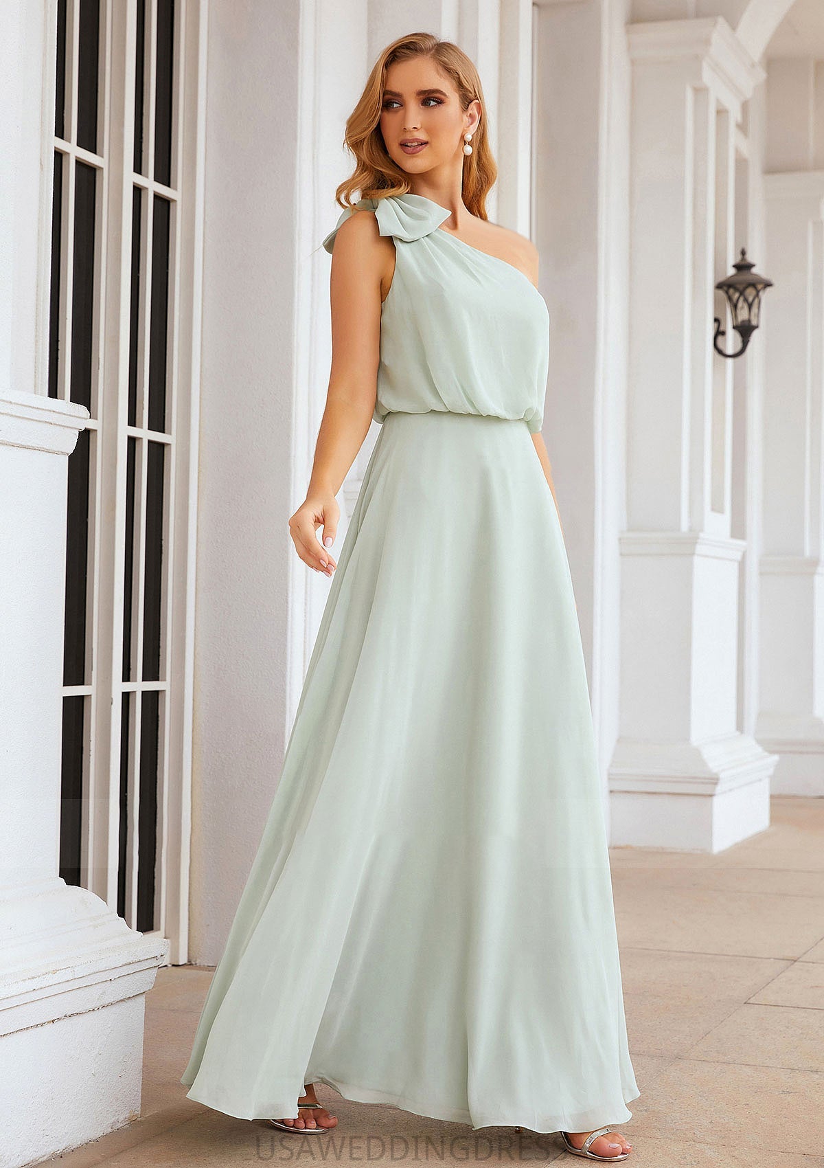 A-line One-Shoulder Sleeveless Long/Floor-Length Chiffon Bridesmaid Dresses With Shoulder Flower Carissa DSP0025369