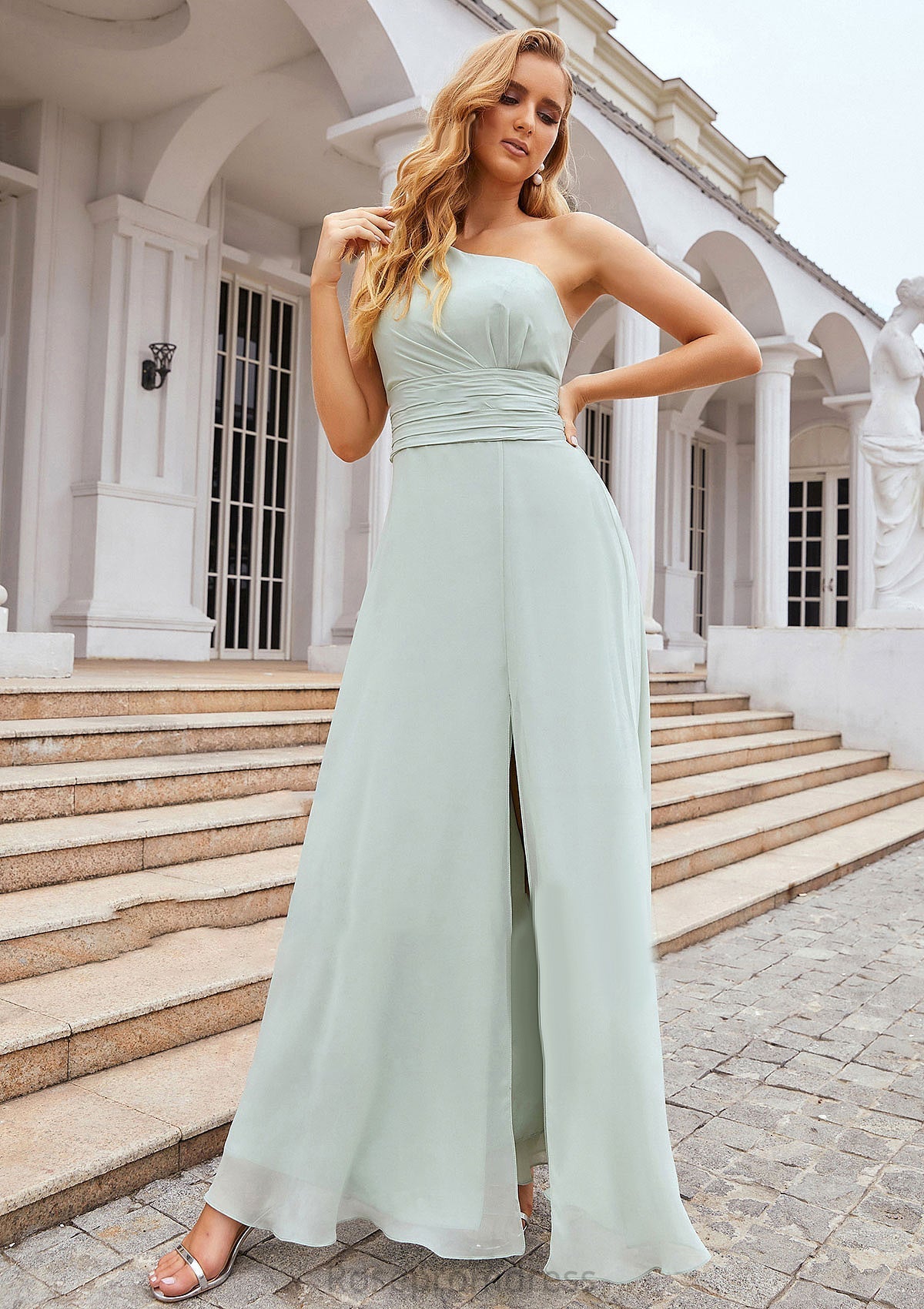 Sheath/Column One-Shoulder Sleeveless Long Chiffon Bridesmaid Dresseses With Pleated Waistband Split Danielle SRSP0025373