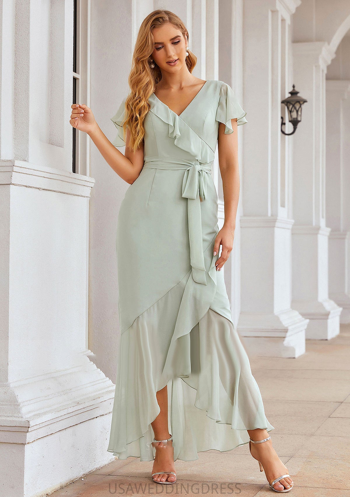 Sheath/Column V Neck Short Sleeve Asymmetrical Chiffon Bridesmaid Dresses With Ruffles Waistband Split Diya DSP0025375