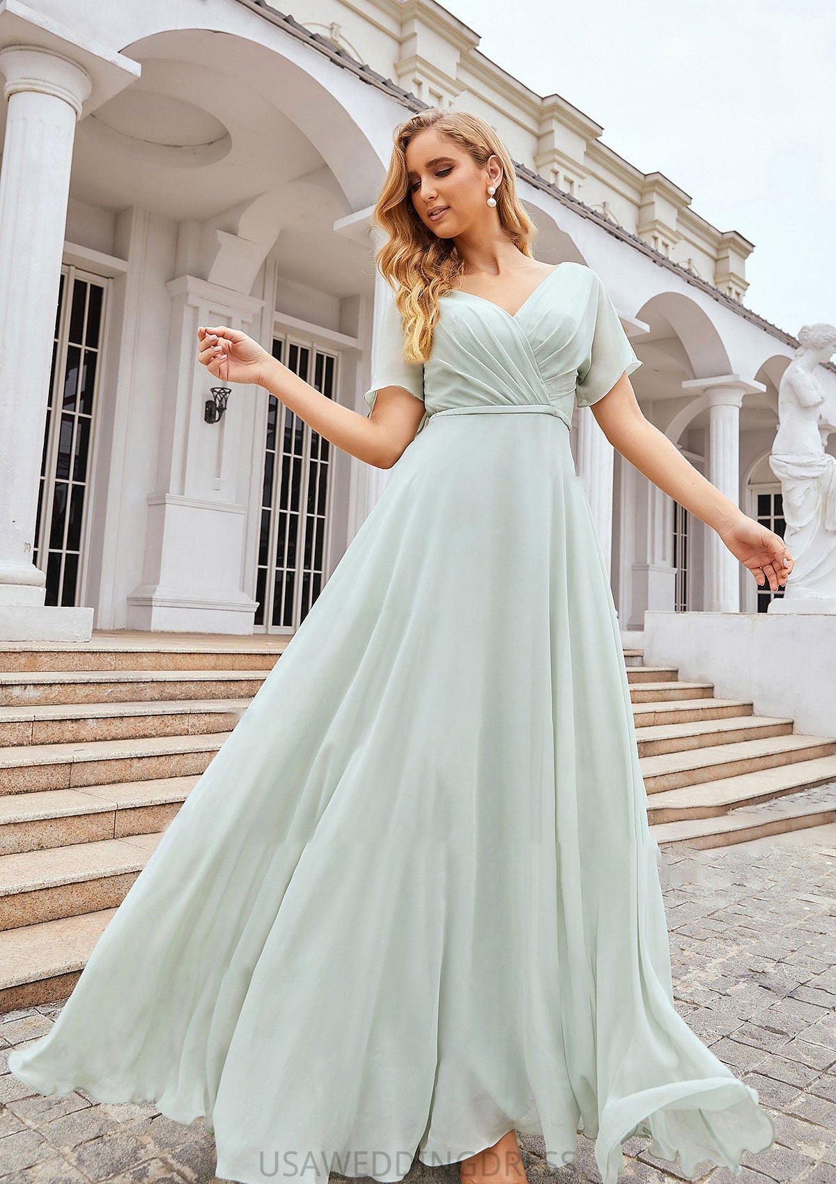 A-line V Neck Short Sleeve Chiffon Long/Floor-Length Bridesmaid Dresses With Pleated Waistband Ximena DSP0025381
