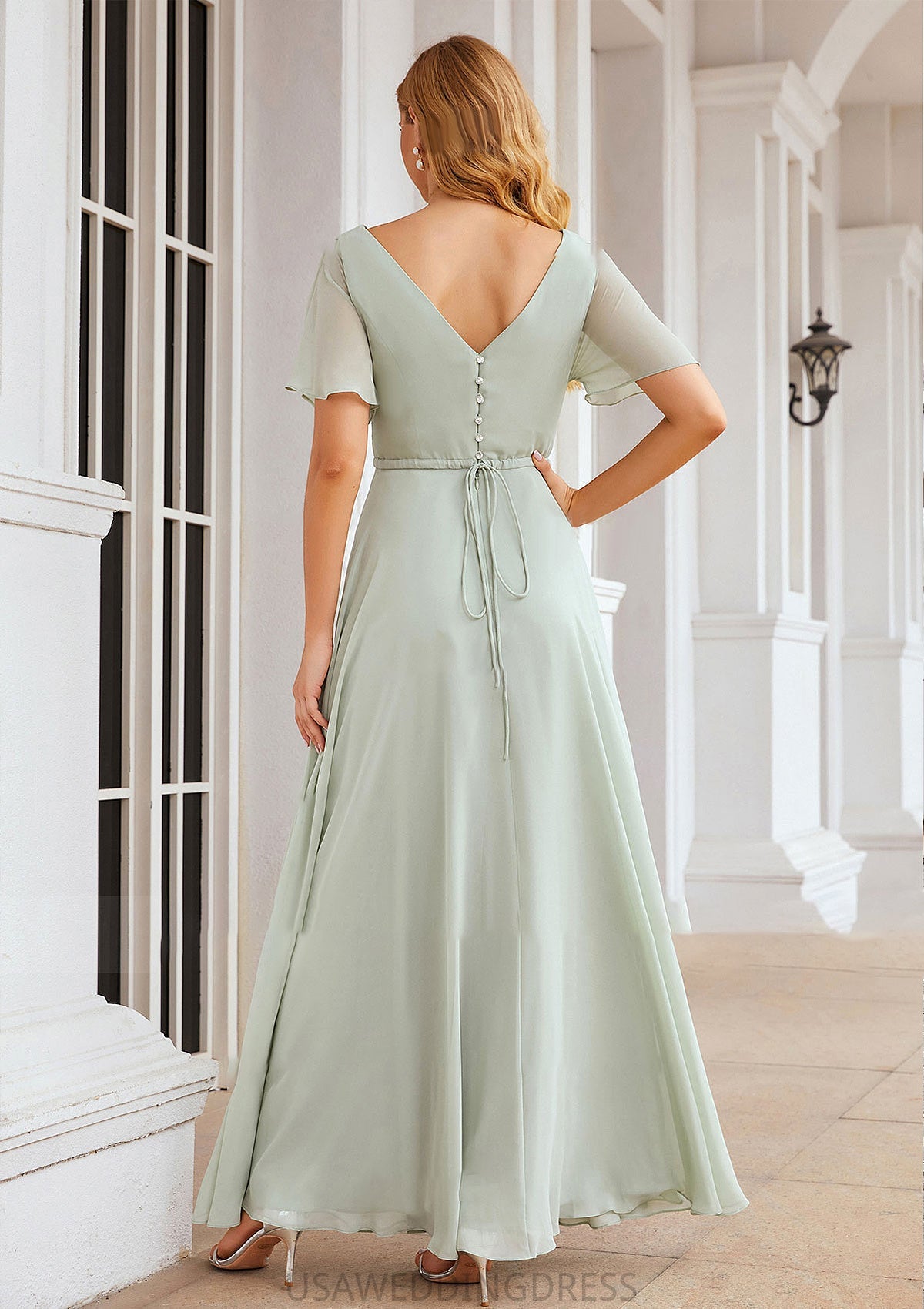 A-line V Neck Short Sleeve Chiffon Long/Floor-Length Bridesmaid Dresses With Pleated Waistband Ximena DSP0025381