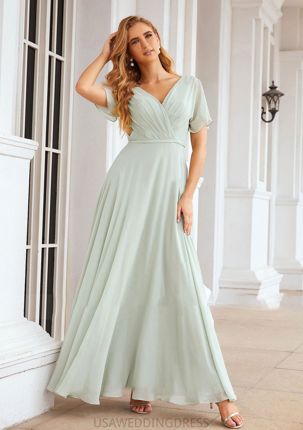 A-line V Neck Short Sleeve Chiffon Long/Floor-Length Bridesmaid Dresses With Pleated Waistband Ximena DSP0025381