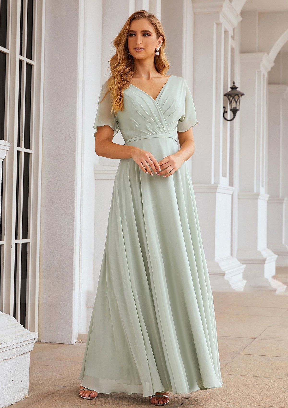 A-line V Neck Short Sleeve Chiffon Long/Floor-Length Bridesmaid Dresses With Pleated Waistband Ximena DSP0025381
