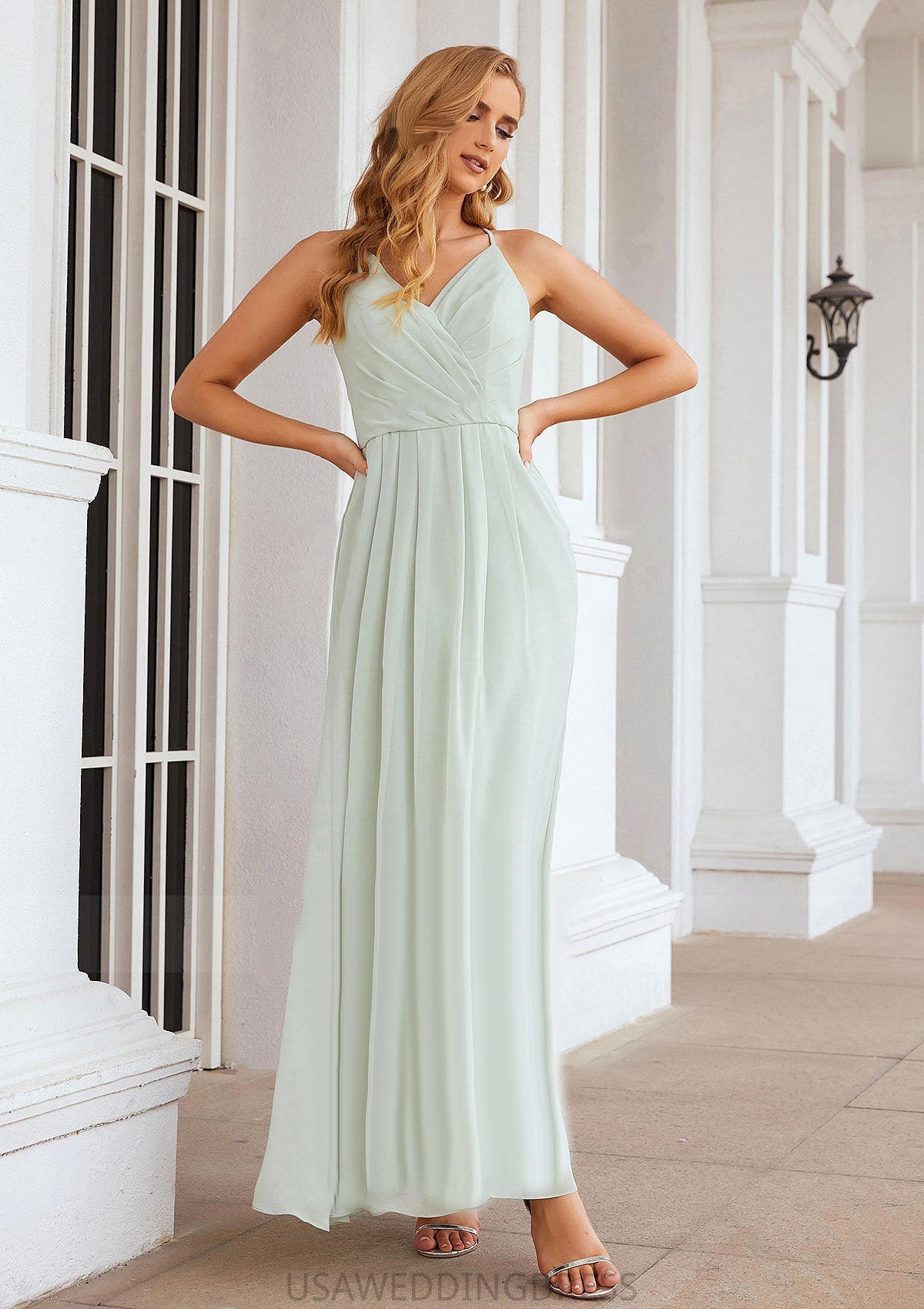 A-line V Neck Sleeveless Chiffon Long/Floor-Length Bridesmaid Dresses With Pleated Kendra DSP0025385