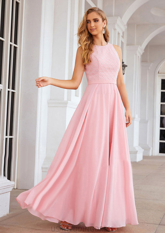 A-line Scalloped Neck Sleeveless Chiffon Long/Floor-Length Bridesmaid Dresses With Beading Serenity DSP0025393
