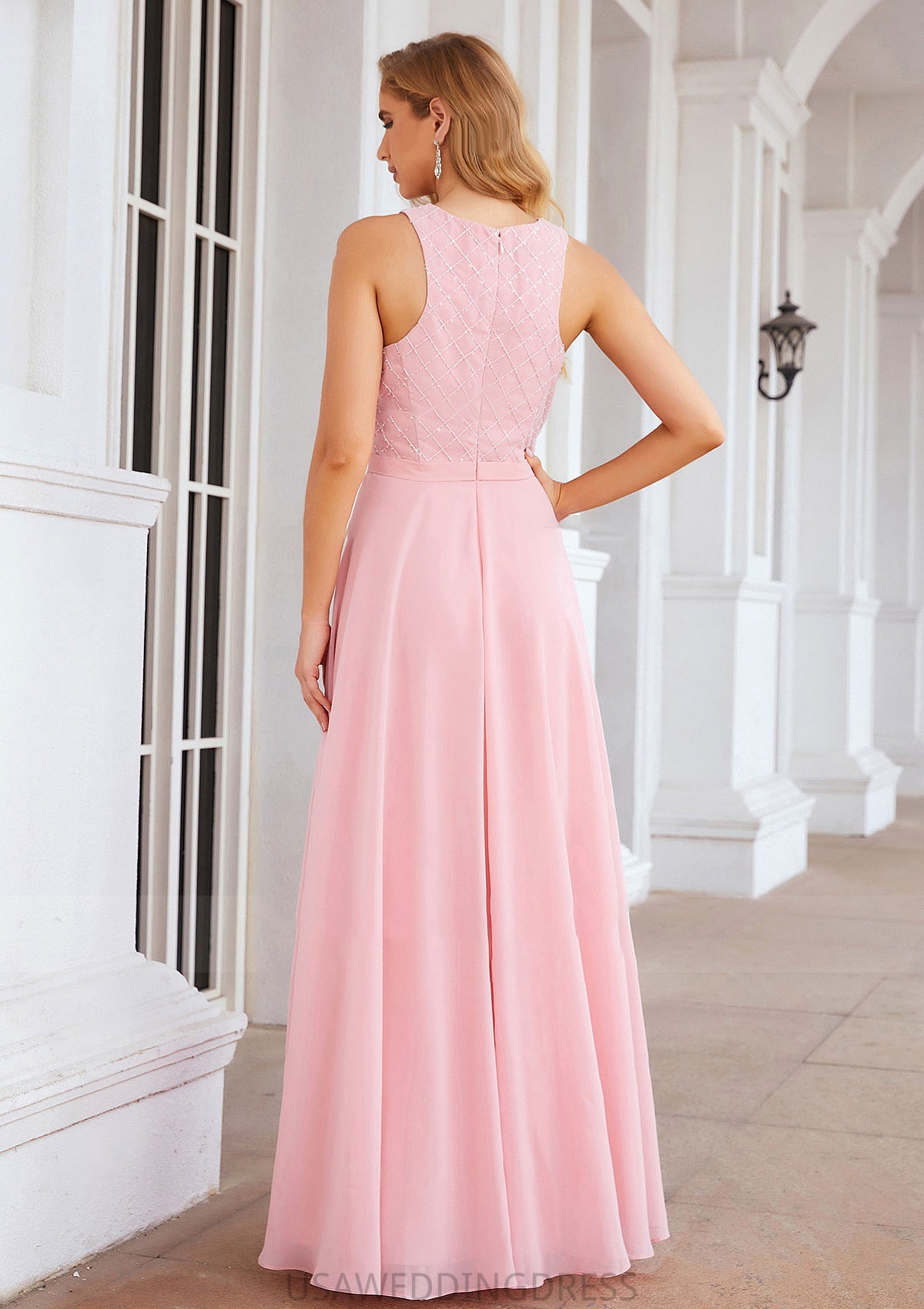 A-line Scalloped Neck Sleeveless Chiffon Long/Floor-Length Bridesmaid Dresses With Beading Serenity DSP0025393