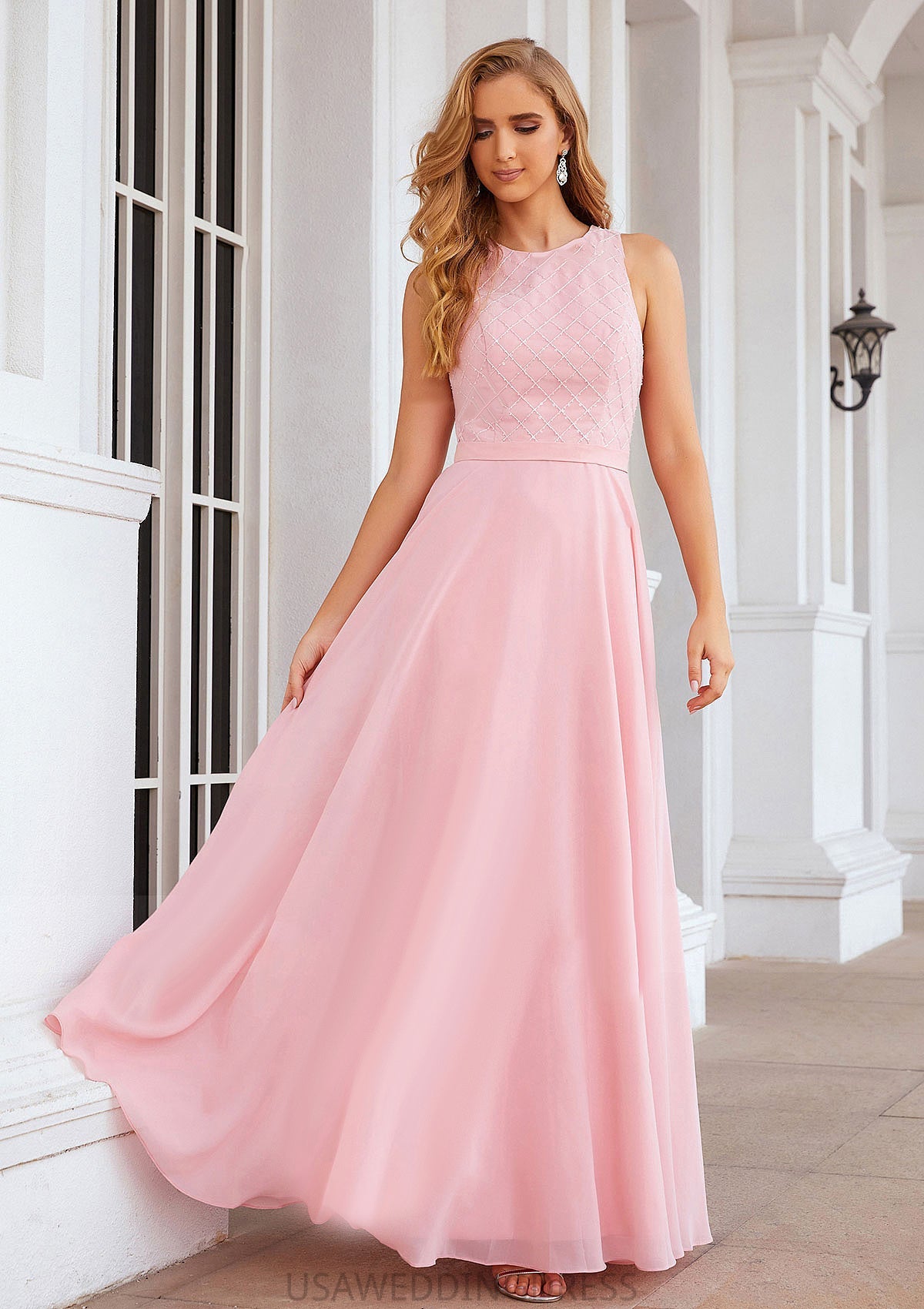 A-line Scalloped Neck Sleeveless Chiffon Long/Floor-Length Bridesmaid Dresses With Beading Serenity DSP0025393