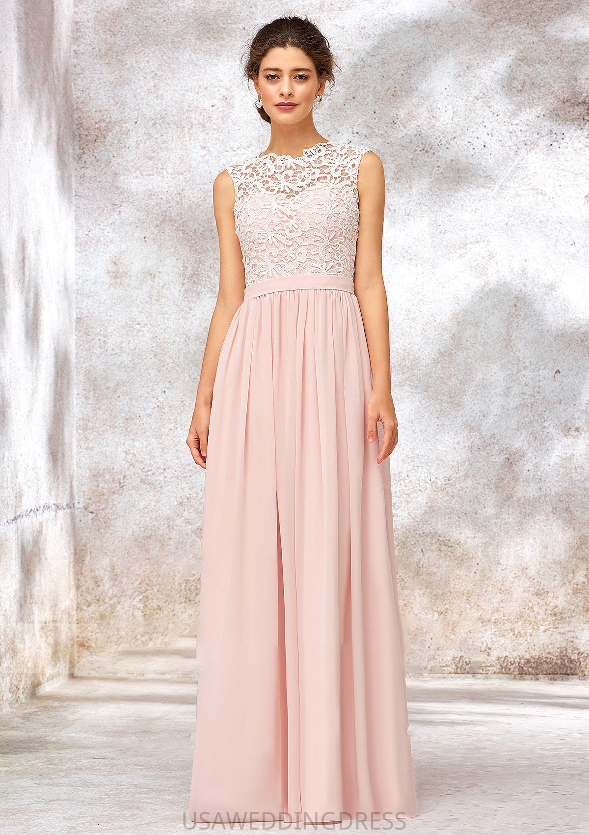Scoop Neck Sleeveless Long/Floor-Length Chiffon A-line/Princess Bridesmaid Dresses With Lace Pamela DSP0025398
