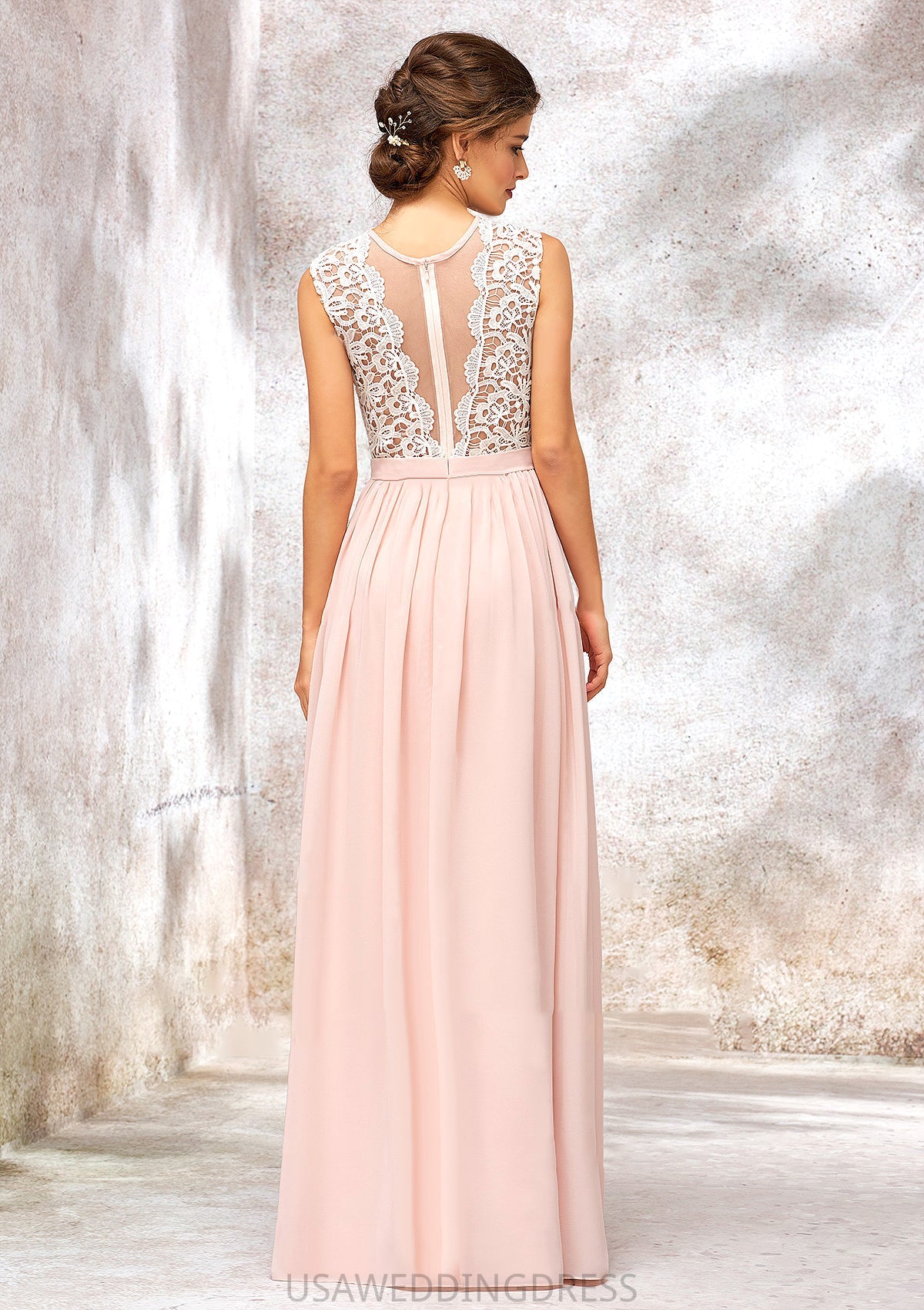 Scoop Neck Sleeveless Long/Floor-Length Chiffon A-line/Princess Bridesmaid Dresses With Lace Pamela DSP0025398
