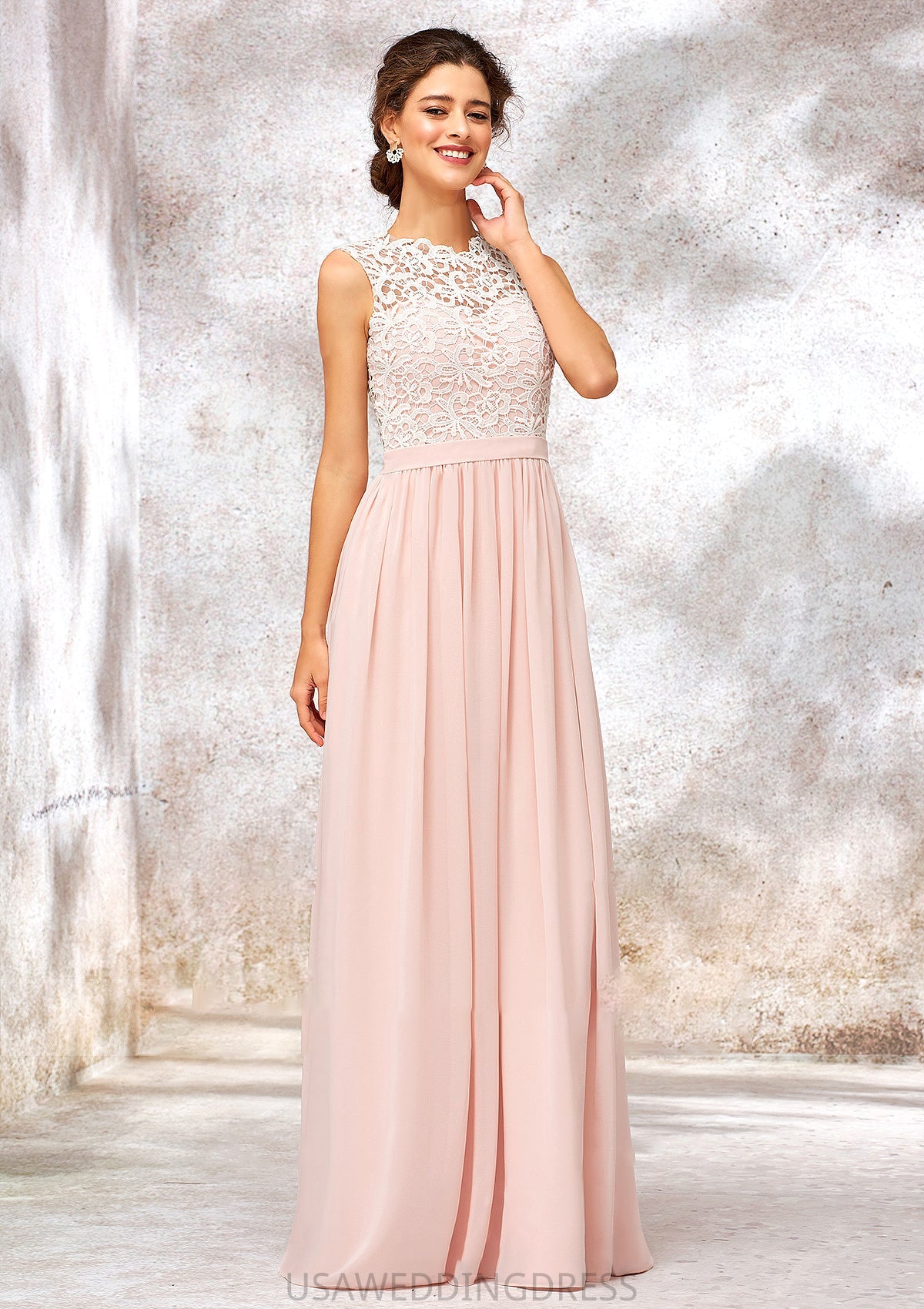 Scoop Neck Sleeveless Long/Floor-Length Chiffon A-line/Princess Bridesmaid Dresses With Lace Pamela DSP0025398