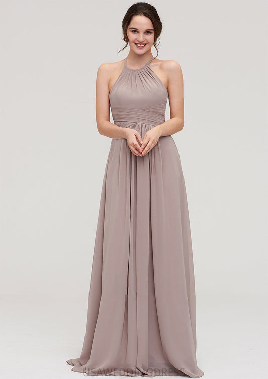 Scoop Neck Sleeveless A-line/Princess Chiffon Long/Floor-Length Bridesmaid Dresseses With Pleated Jeanie DSP0025399
