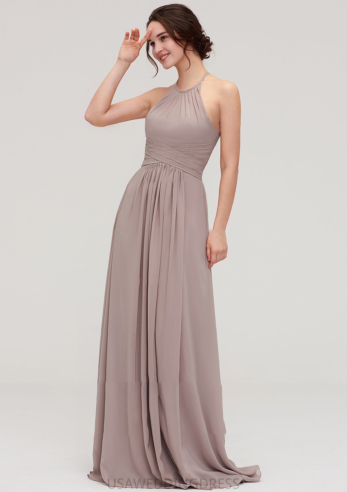 Scoop Neck Sleeveless A-line/Princess Chiffon Long/Floor-Length Bridesmaid Dresseses With Pleated Jeanie DSP0025399