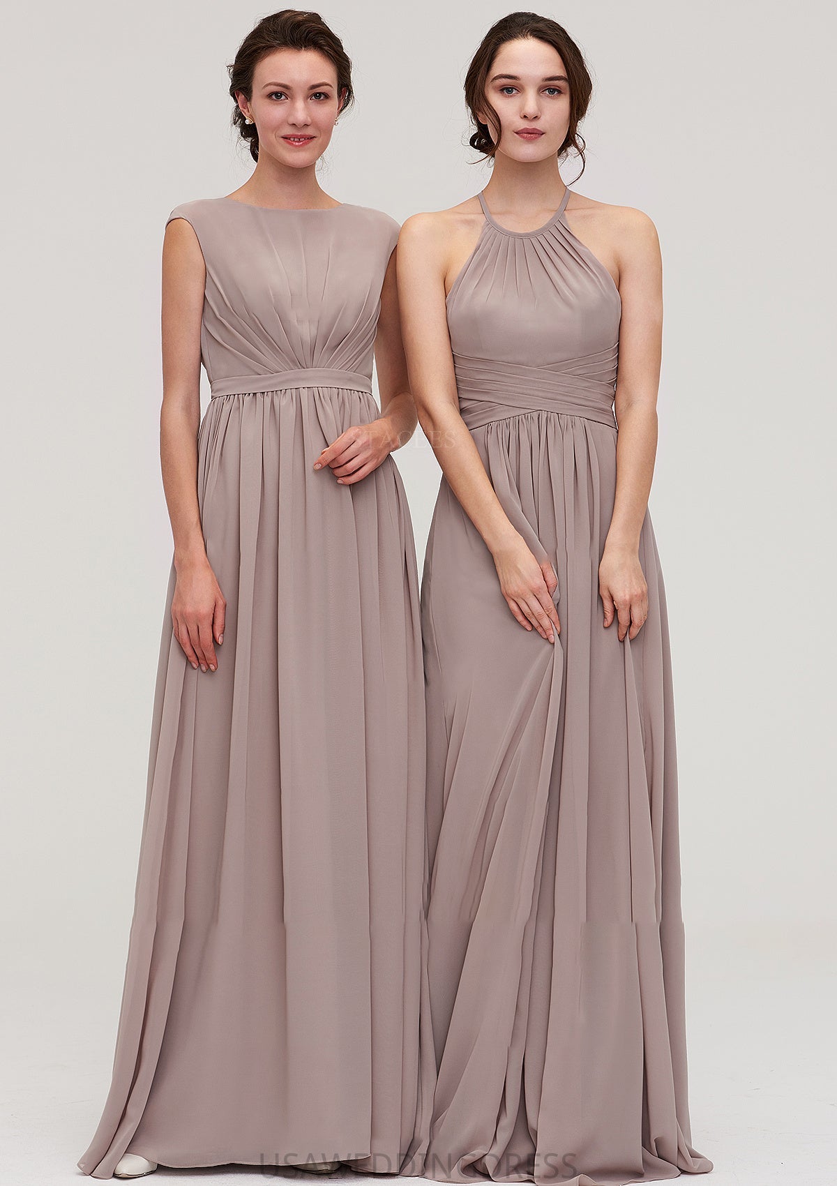 Scoop Neck Sleeveless A-line/Princess Chiffon Long/Floor-Length Bridesmaid Dresseses With Pleated Jeanie DSP0025399