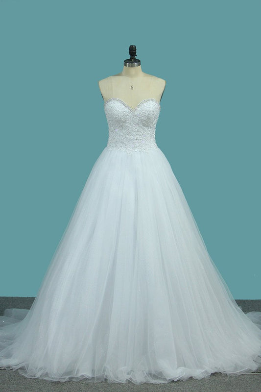2024 Sweetheart A Line Tulle Wedding Dresses Beaded Bodice Court Train