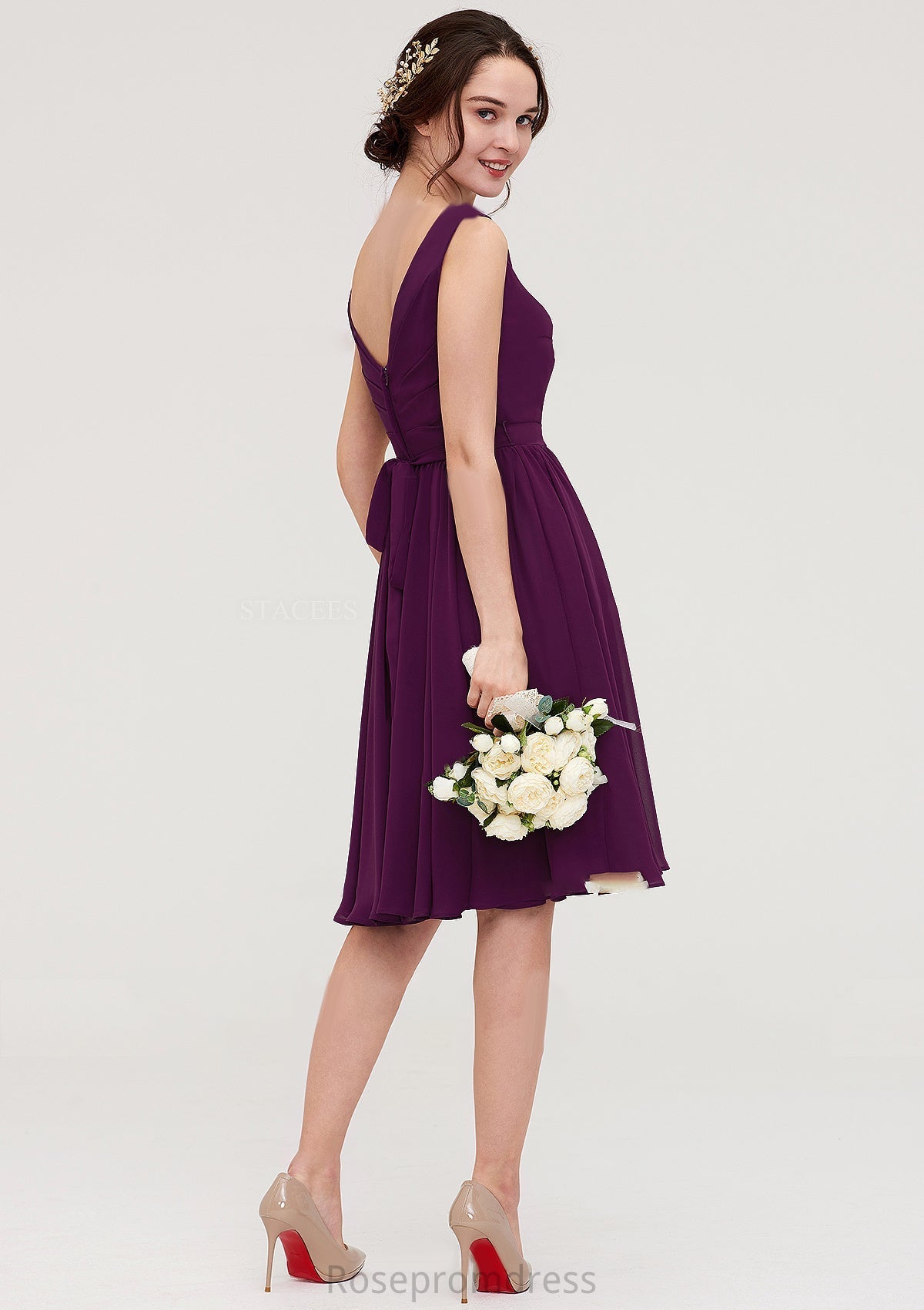 Sleeveless V Neck Chiffon A-line/Princess Knee-Length Bridesmaid Dresses With Pleated Aileen SRSP0025401
