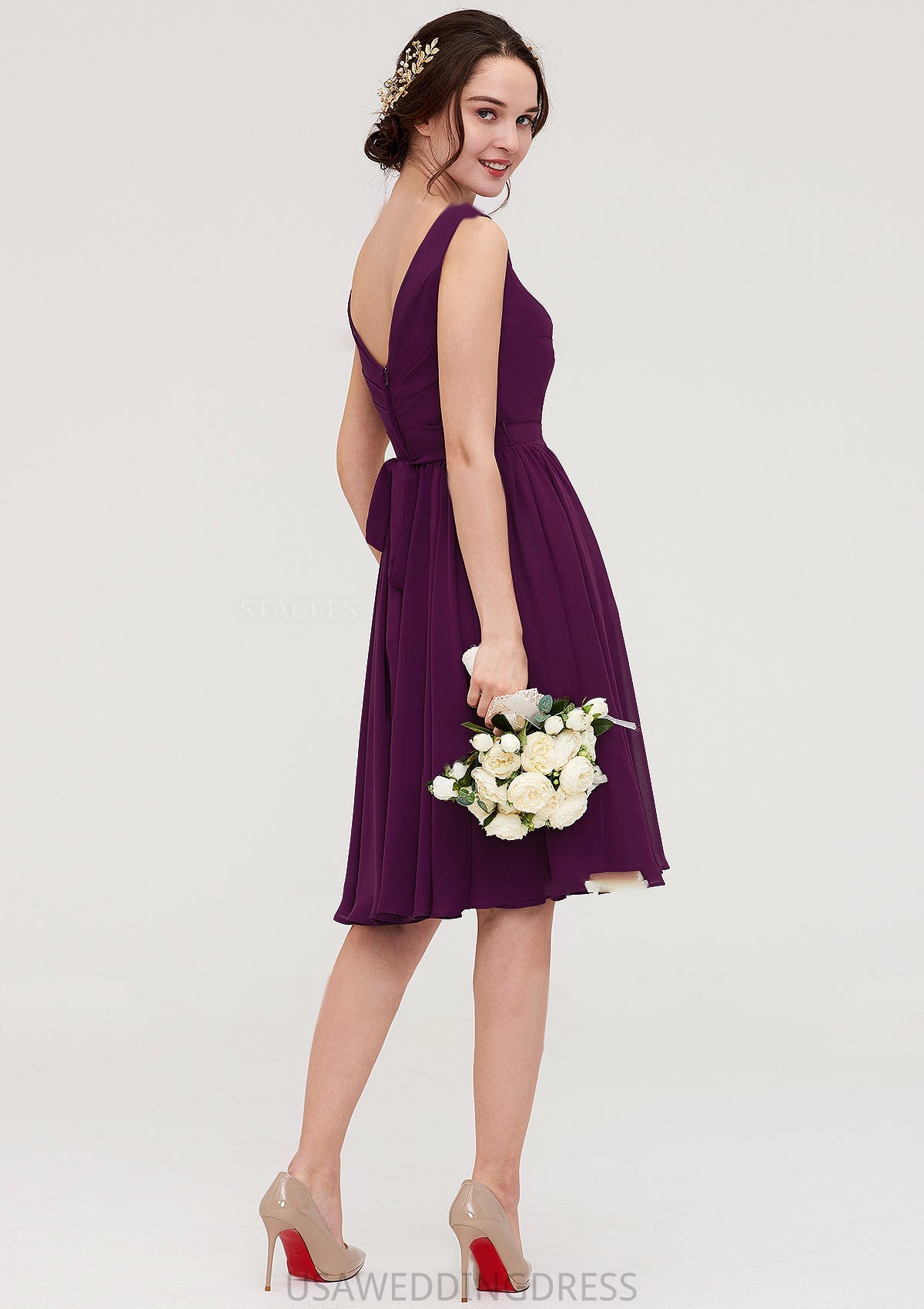 Sleeveless V Neck Chiffon A-line/Princess Knee-Length Bridesmaid Dresses With Pleated Zoey DSP0025401