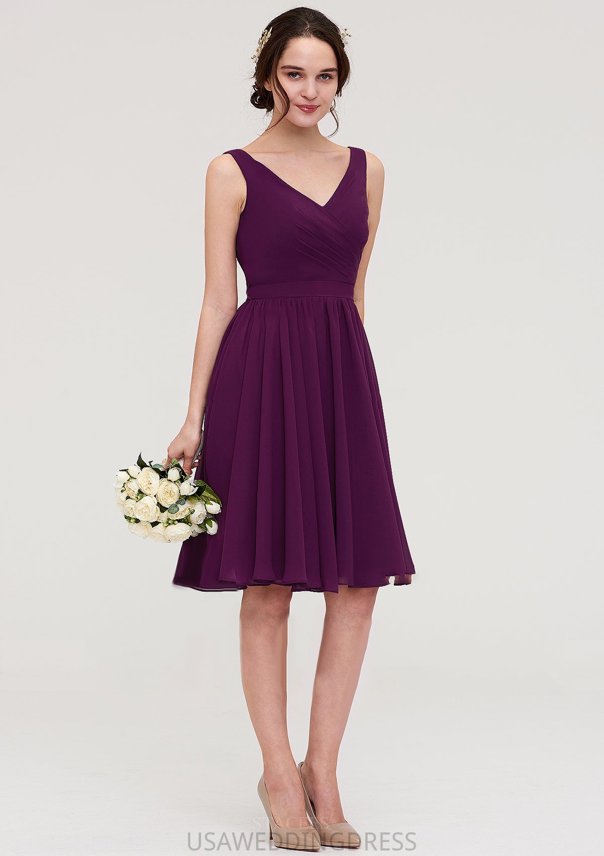 Sleeveless V Neck Chiffon A-line/Princess Knee-Length Bridesmaid Dresses With Pleated Zoey DSP0025401
