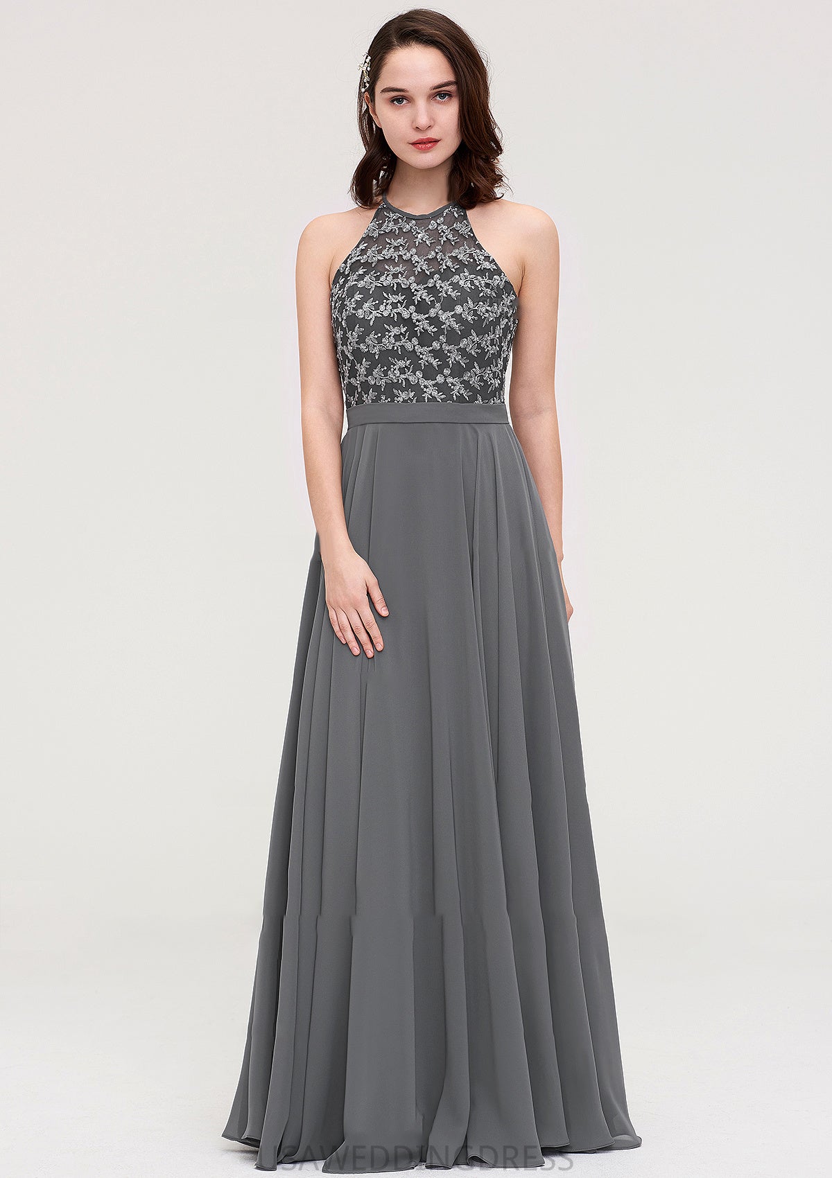 A-line/Princess Halter Long/Floor-Length Chiffon A-line/Princess Bridesmaid Dresses With Appliqued Leia DSP0025402