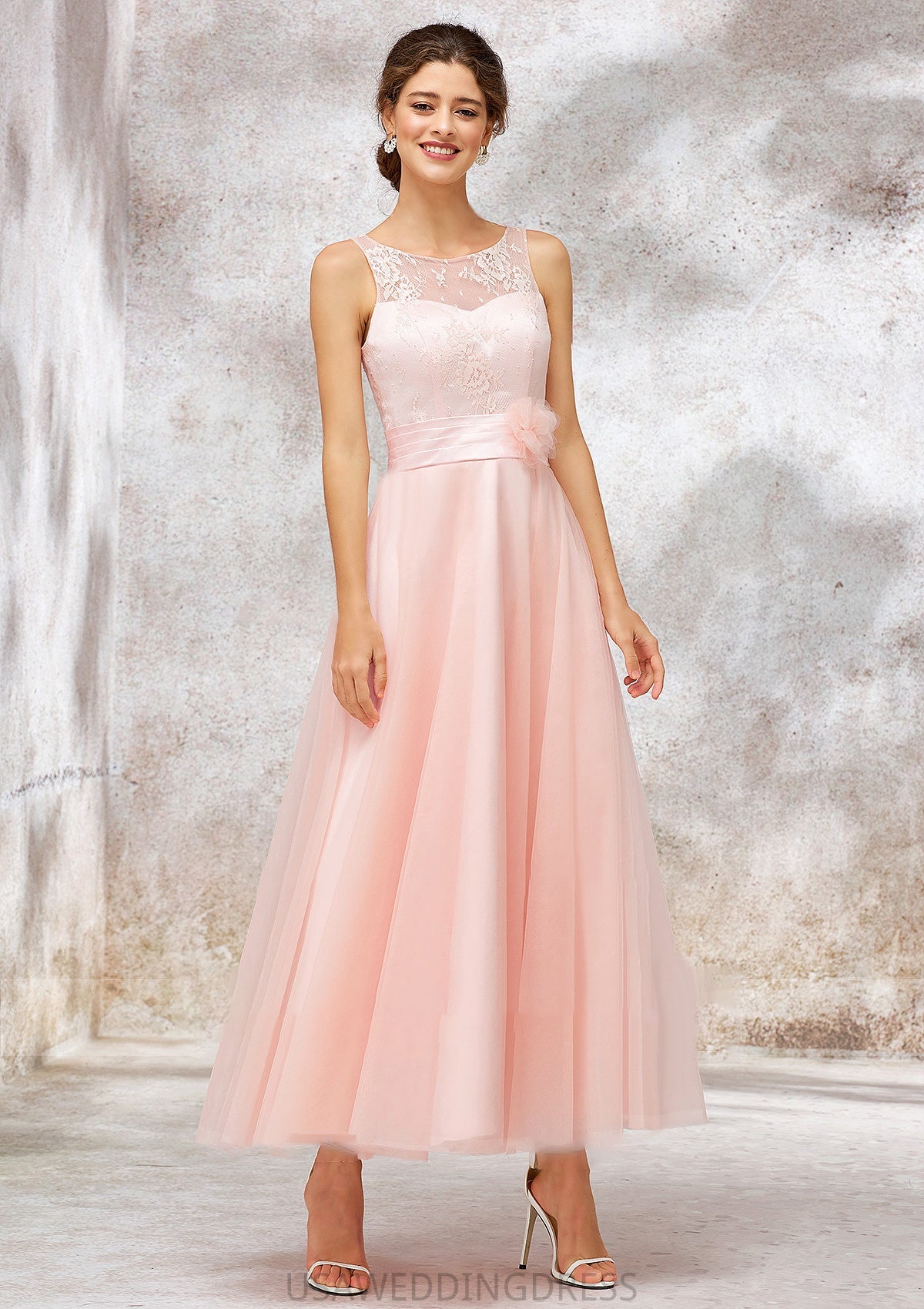 Bateau Sleeveless Tea-Length Tulle A-line/Princess Bridesmaid Dresses With Waistband Lace Breanna DSP0025403