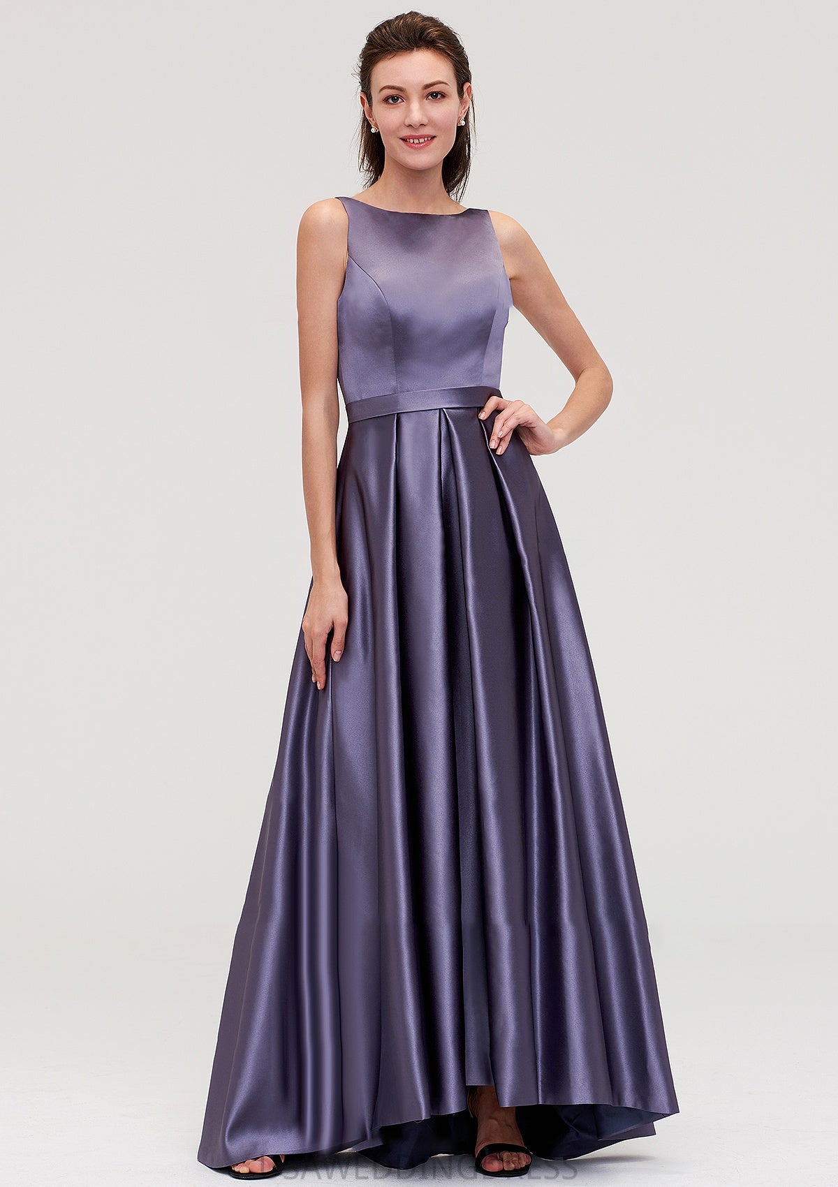 Sleeveless Bateau Ankle-Length Satin A-line/Princess Bridesmaid Dresses With Pleated Janae DSP0025409