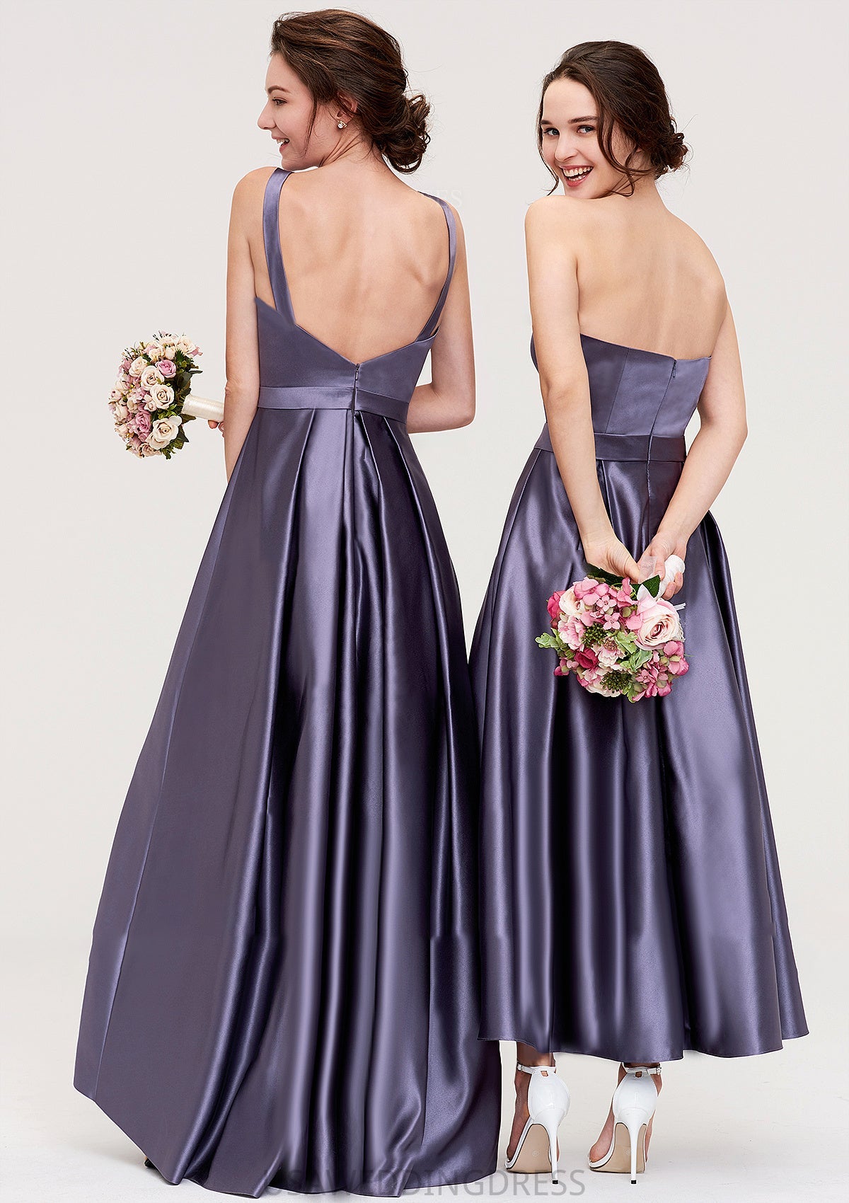 Sleeveless Bateau Ankle-Length Satin A-line/Princess Bridesmaid Dresses With Pleated Janae DSP0025409