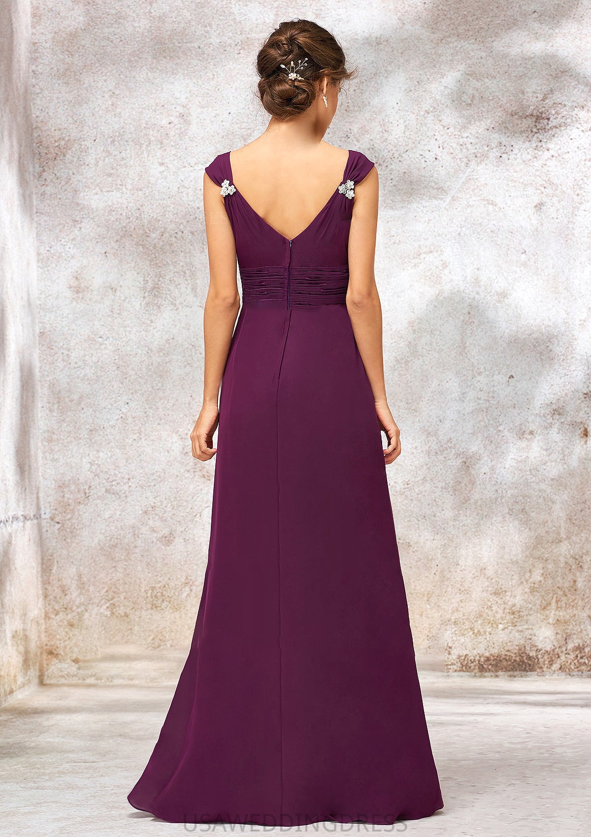 V Neck Sleeveless Long/Floor-Length Sheath/Column Chiffon Bridesmaid Dresses With Sashes Pleated Beading Gwen DSP0025412