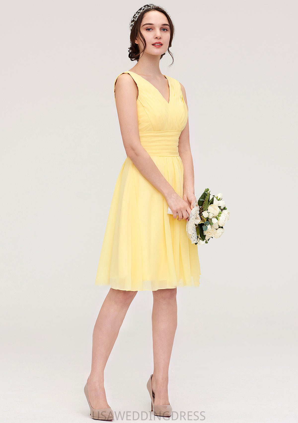 V Neck Sleeveless A-line/Princess Chiffon Knee-Length Bridesmaid Dresses With Pleated Emilie DSP0025414
