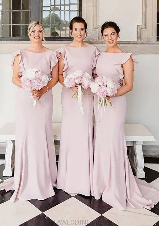 Sheath/Column Scoop Neck Sleeveless Sweep Train Elastic Satin Bridesmaid Dresses With Ruffles Ida DSP0025415