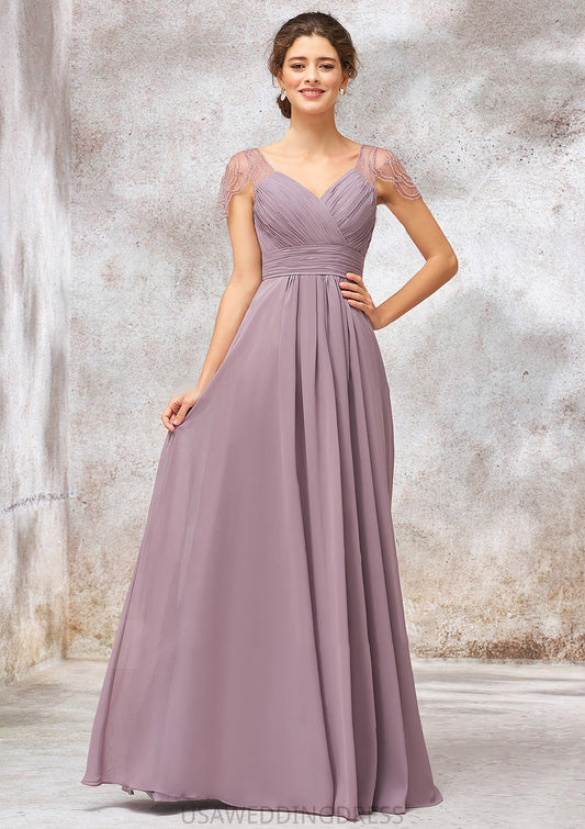 V Neck Long/Floor-Length Chiffon A-line/Princess Bridesmaid Dresses With Pleated Beading Angela DSP0025416