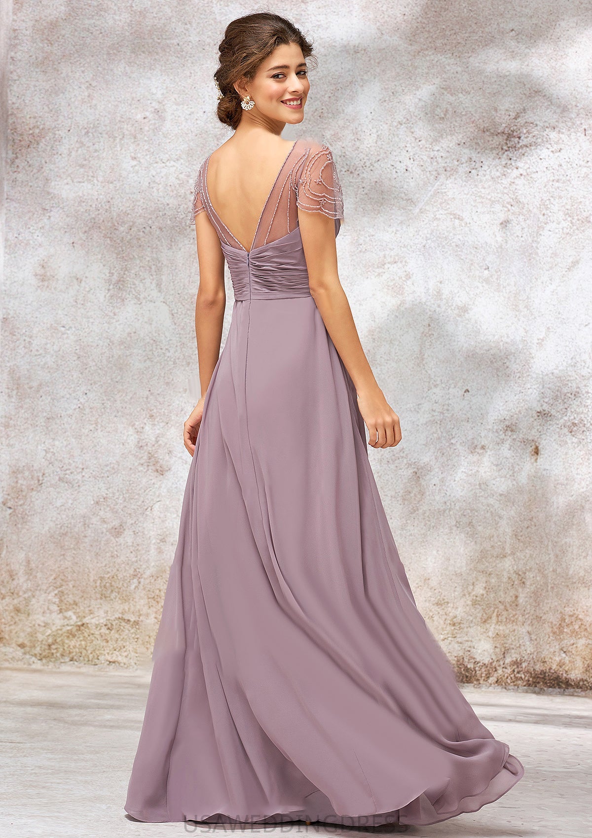 V Neck Long/Floor-Length Chiffon A-line/Princess Bridesmaid Dresses With Pleated Beading Angela DSP0025416