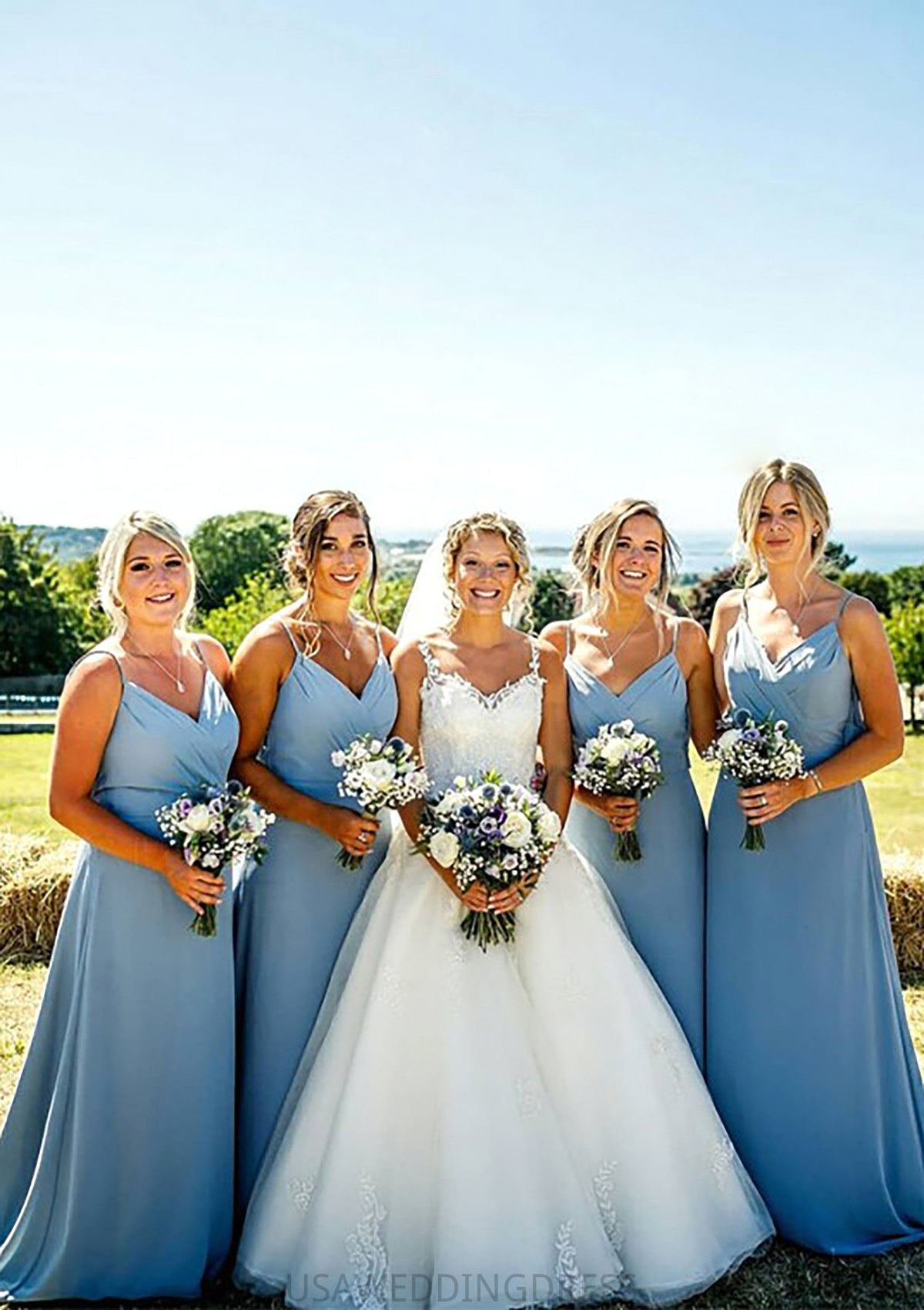 A-line V Neck Sleeveless Court Train Chiffon Bridesmaid Dresses With Pleated Ashley DSP0025419