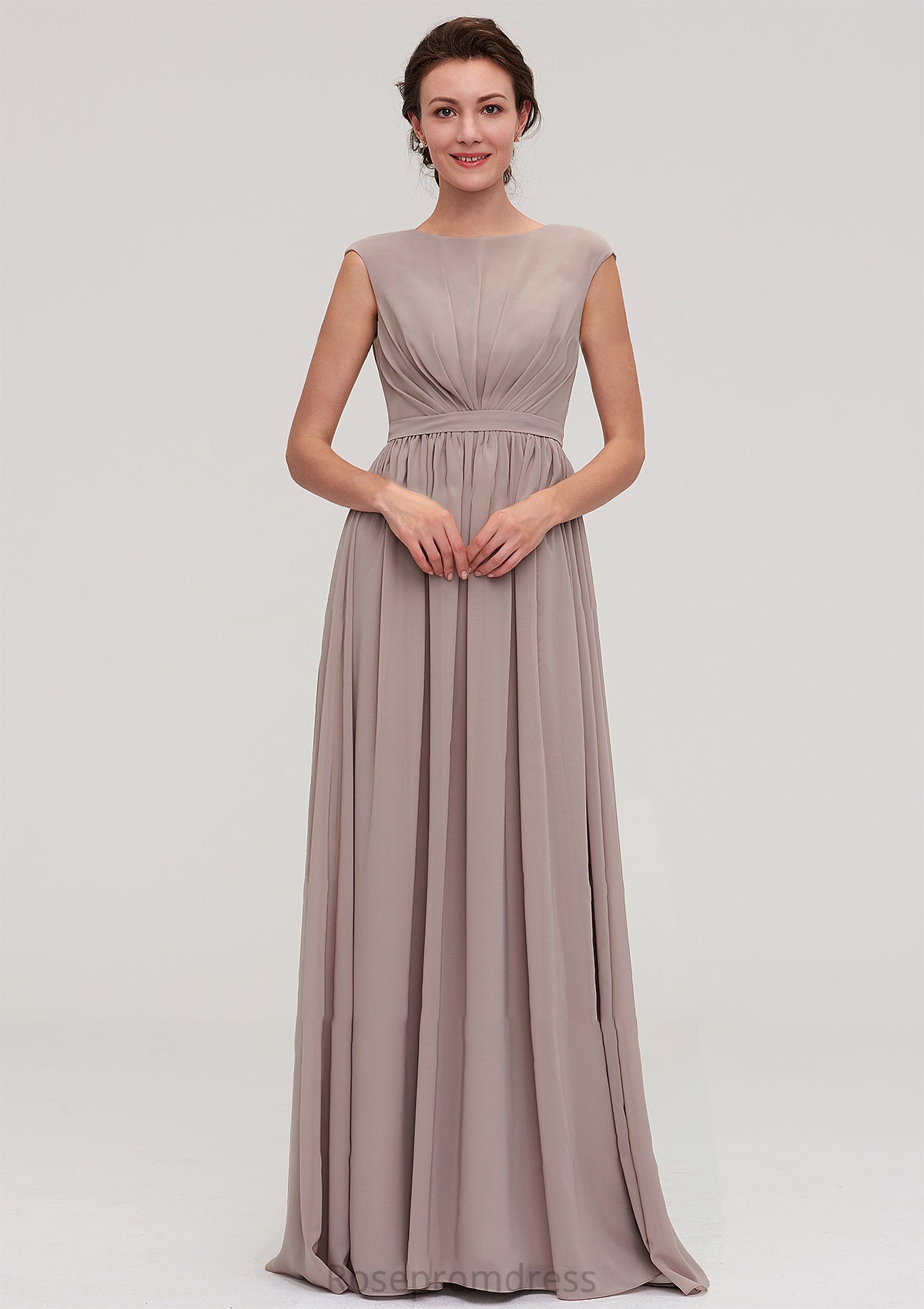 Bateau Sleeveless A-line/Princess Chiffon Long/Floor-Length Bridesmaid Dresses With Pleated Estrella SRSP0025420
