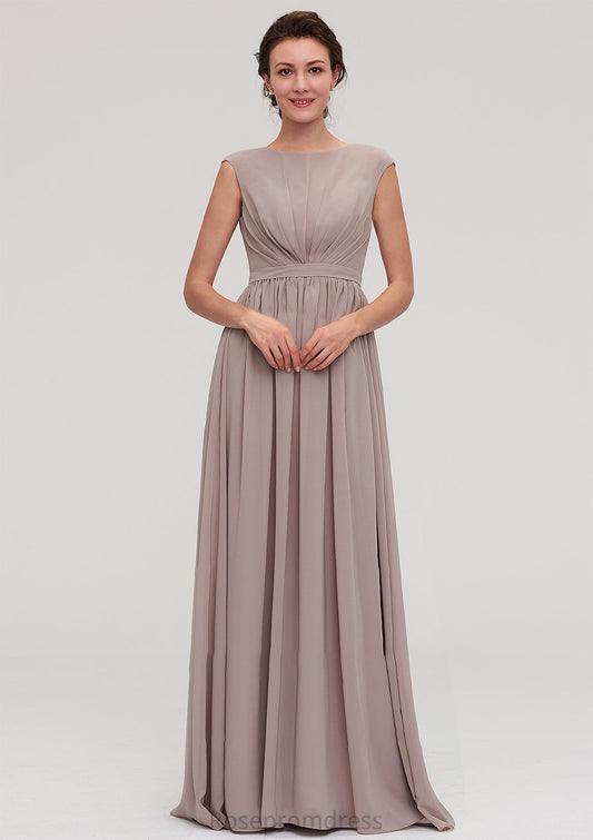 Bateau Sleeveless A-line/Princess Chiffon Long/Floor-Length Bridesmaid Dresses With Pleated Estrella SRSP0025420