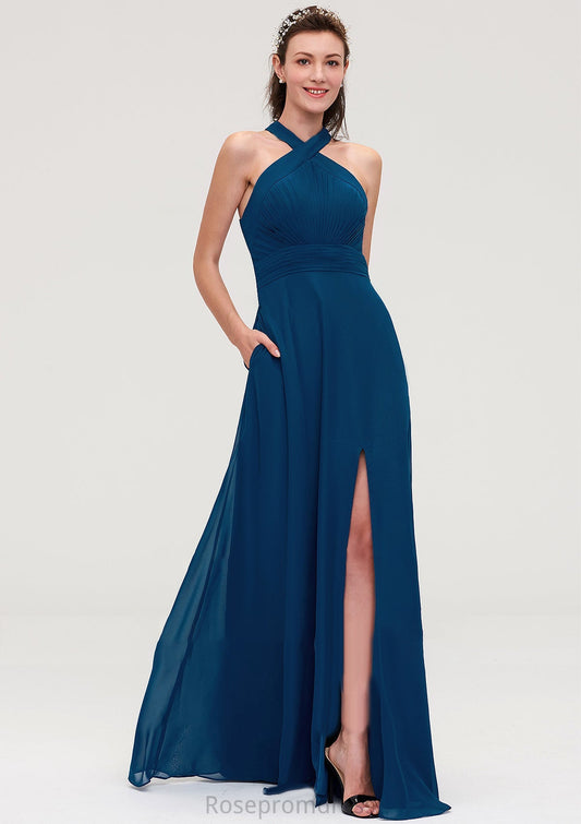 Scalloped Neck Sleeveless A-line/Princess Chiffon Long/Floor-Length Bridesmaid Dresseses With Split Pleated Arianna SRSP0025424