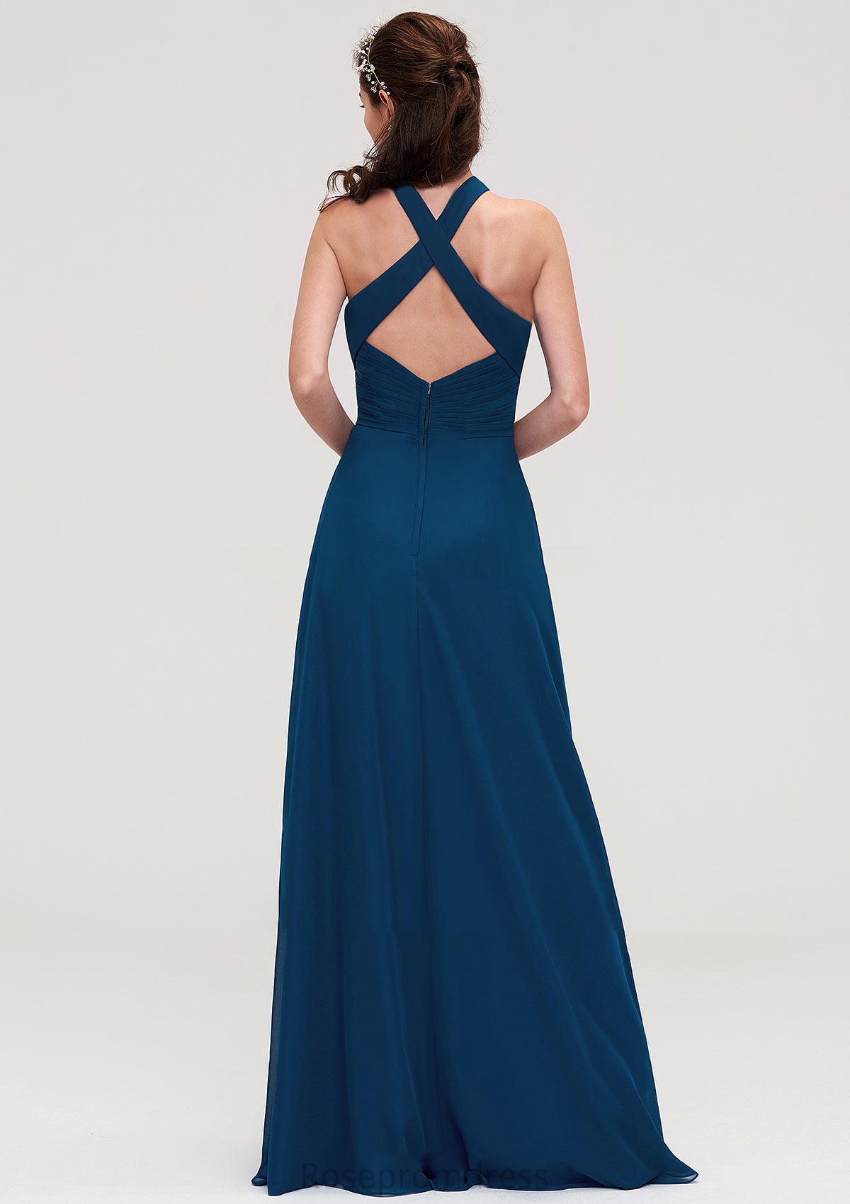 Scalloped Neck Sleeveless A-line/Princess Chiffon Long/Floor-Length Bridesmaid Dresseses With Split Pleated Arianna SRSP0025424