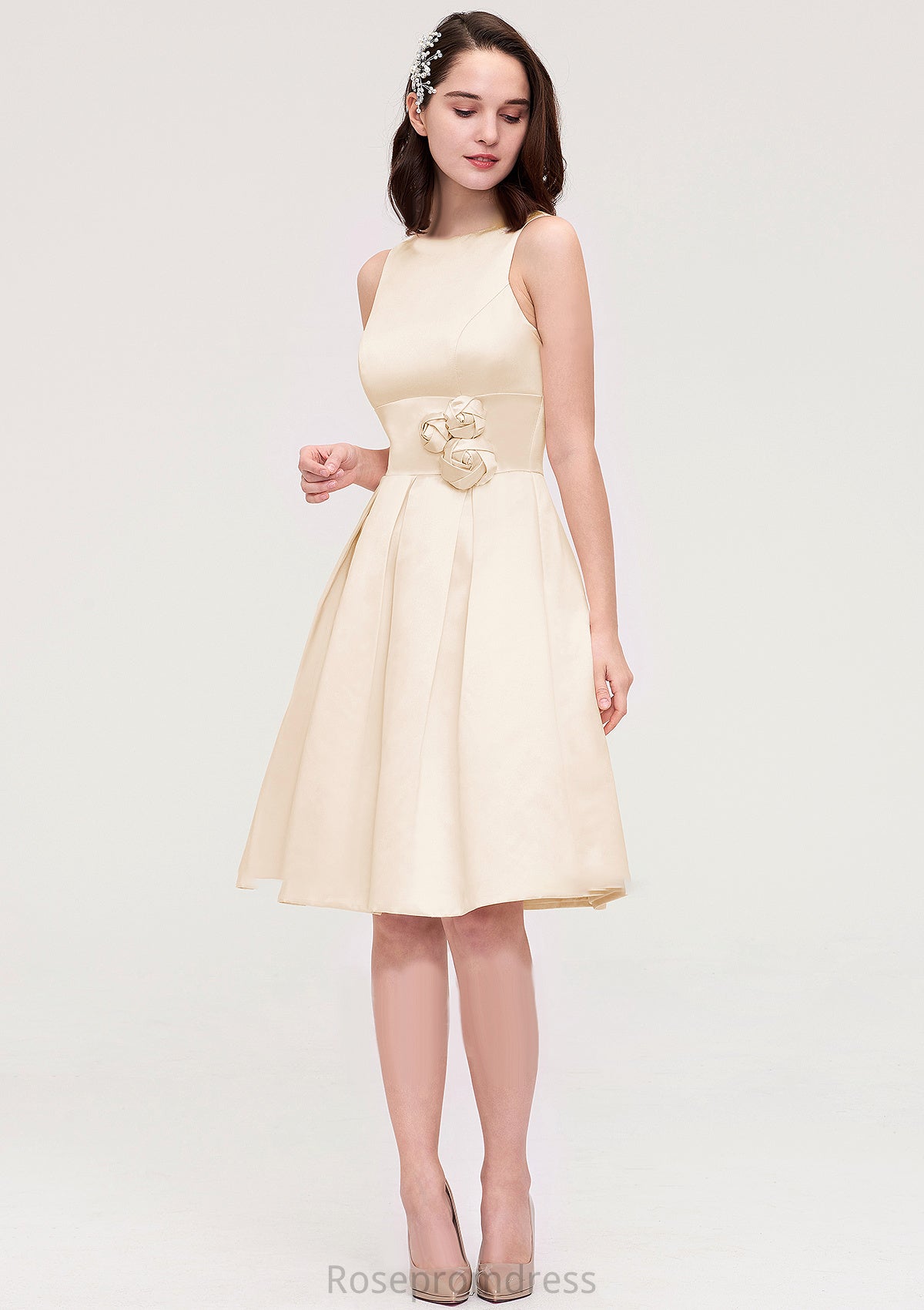 Sleeveless Bateau Knee-Length Satin A-line/Princess Bridesmaid Dresses With Pleated Flowers Diana SRSP0025425