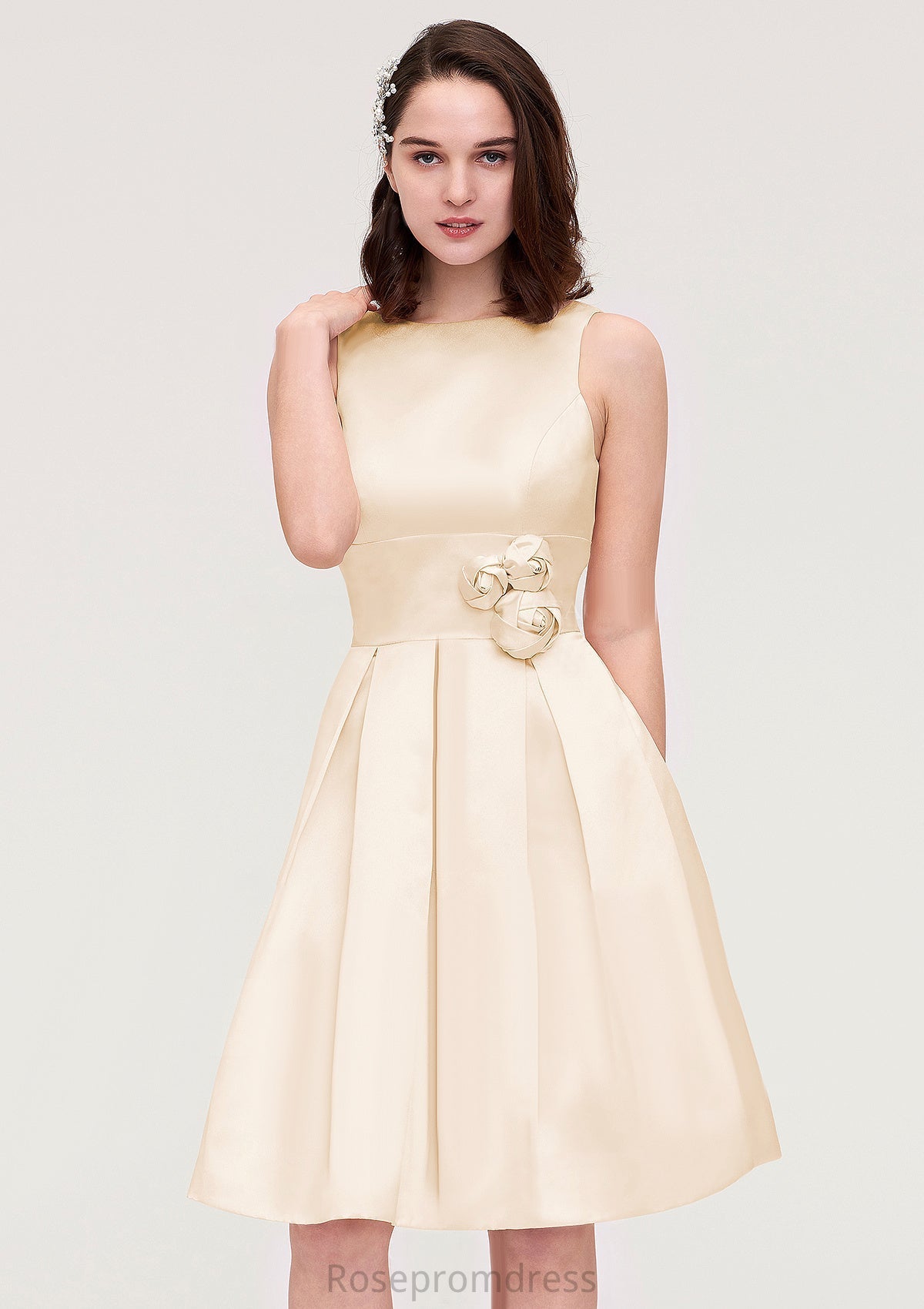 Sleeveless Bateau Knee-Length Satin A-line/Princess Bridesmaid Dresses With Pleated Flowers Diana SRSP0025425