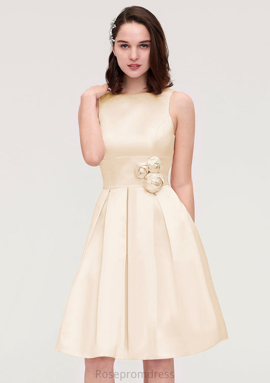 Sleeveless Bateau Knee-Length Satin A-line/Princess Bridesmaid Dresses With Pleated Flowers Diana SRSP0025425