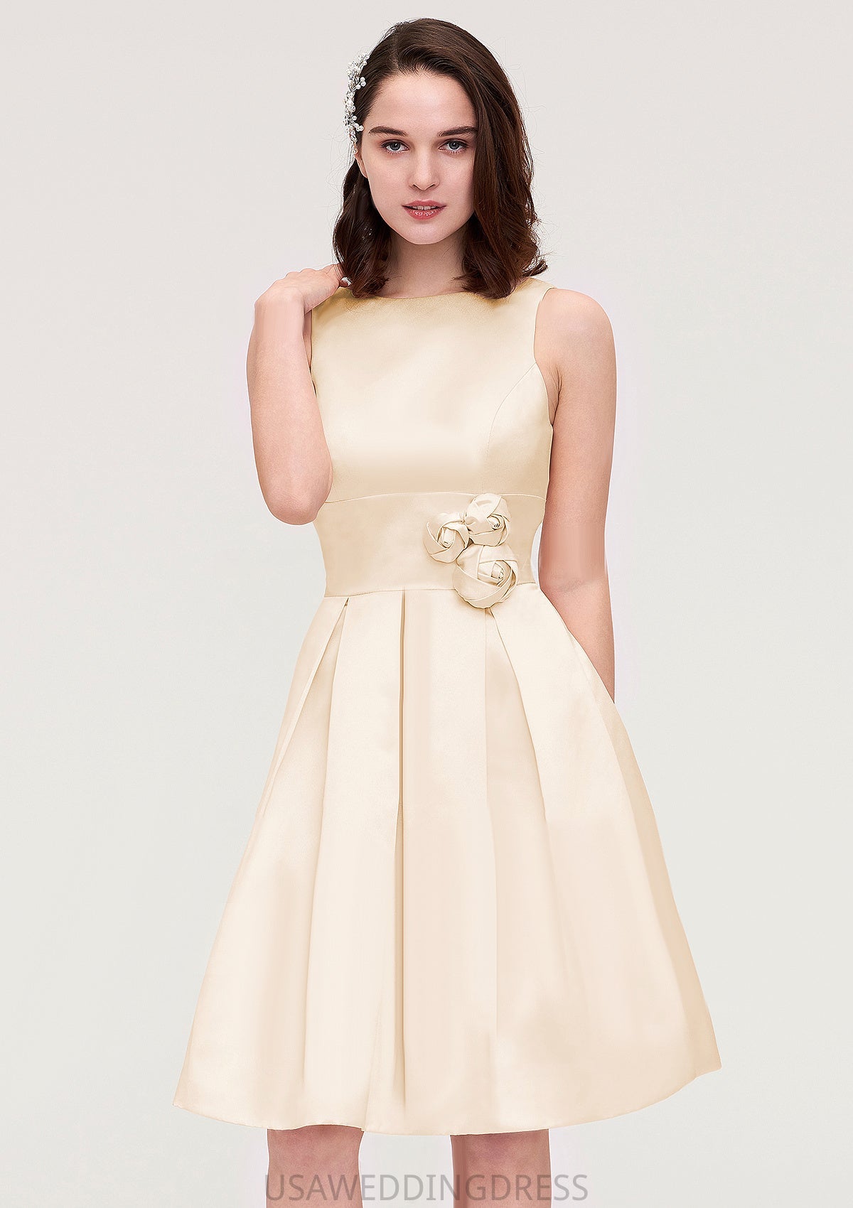 Sleeveless Bateau Knee-Length Satin A-line/Princess Bridesmaid Dresses With Pleated Flowers Taylor DSP0025425