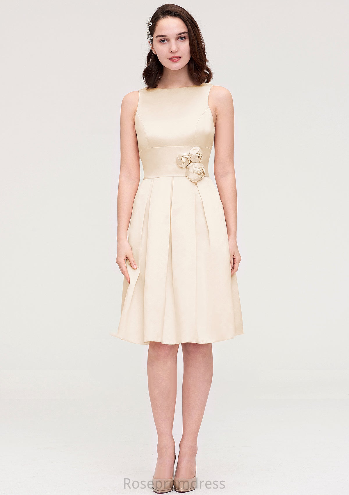 Sleeveless Bateau Knee-Length Satin A-line/Princess Bridesmaid Dresses With Pleated Flowers Diana SRSP0025425