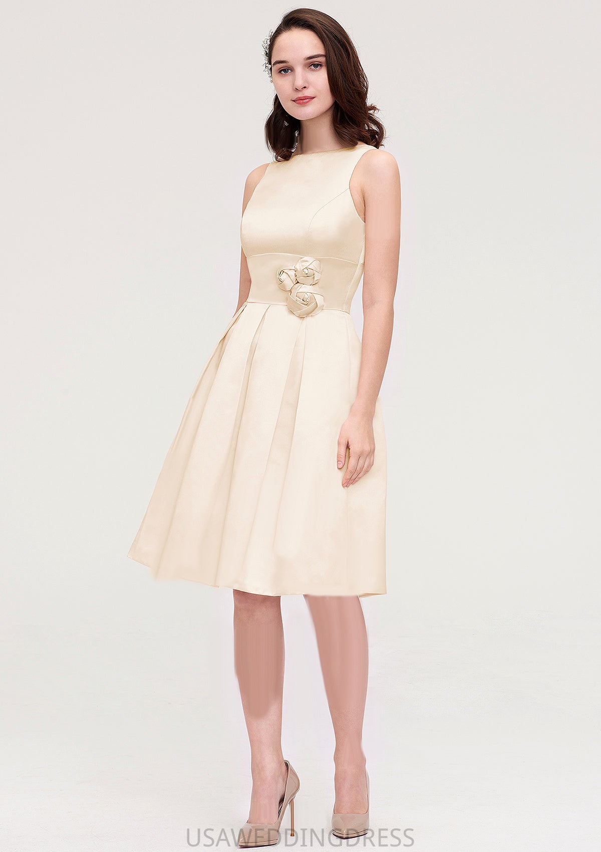 Sleeveless Bateau Knee-Length Satin A-line/Princess Bridesmaid Dresses With Pleated Flowers Taylor DSP0025425